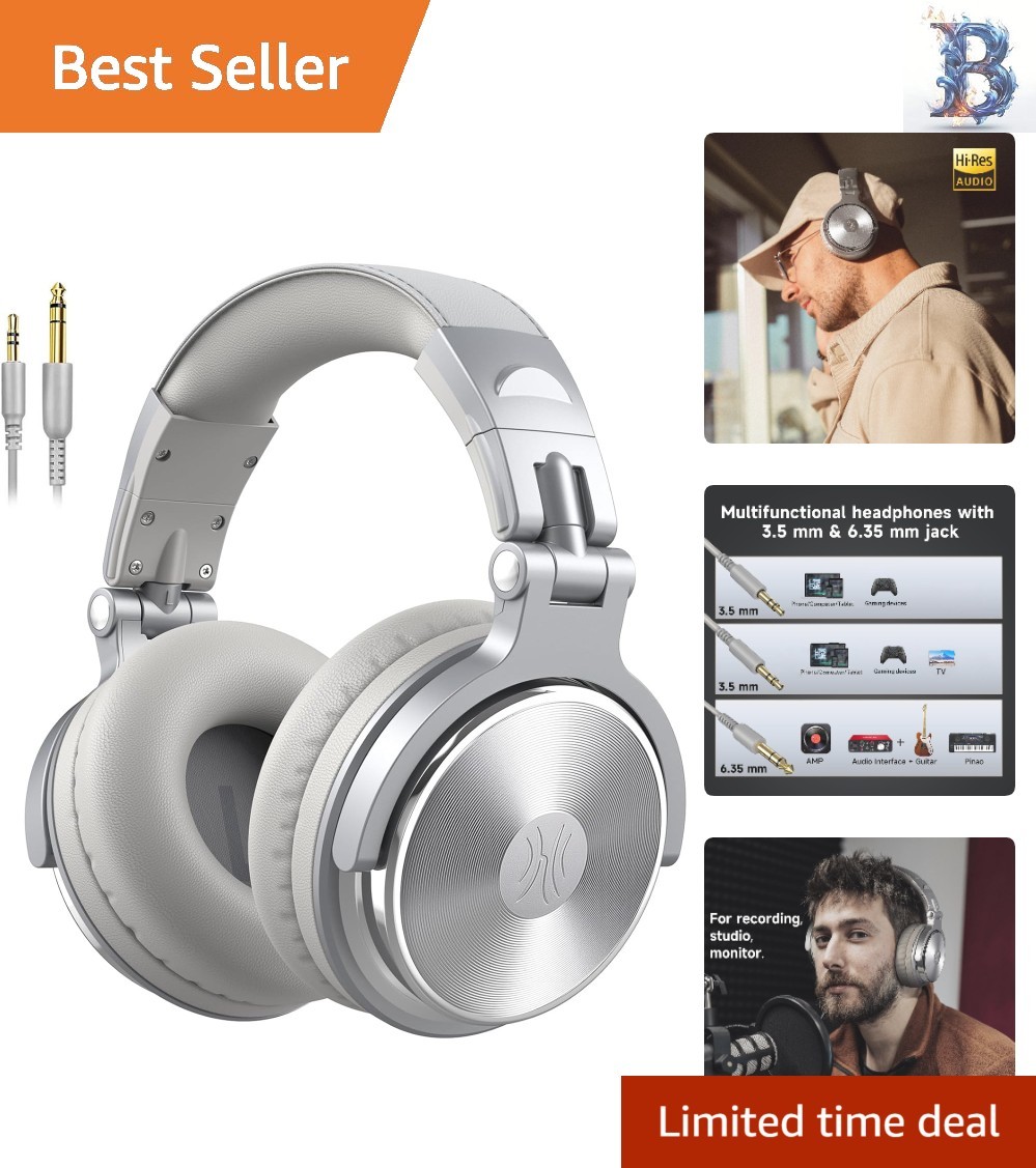 Wired Studio Monitor Headphones with Adjustable Fit and Sound Isolation – Silver