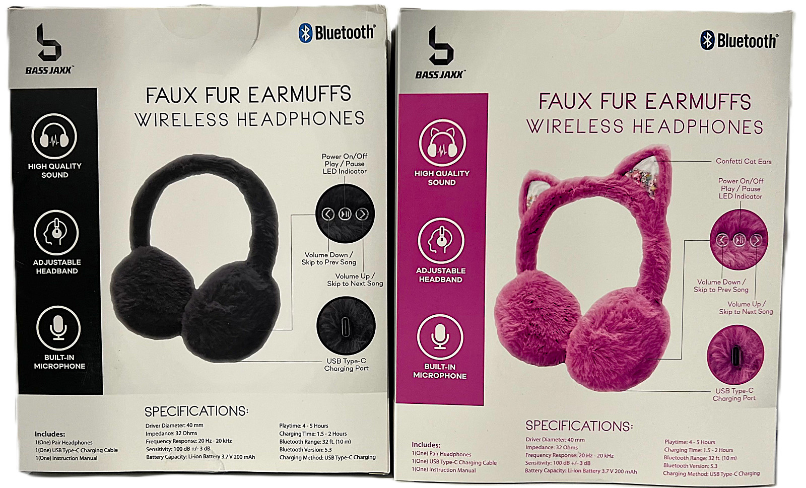 Lot of 2 Bass Jaxx Pink Cat Ears & Black Faux Fur Bluetooth Earmuffs Headphones