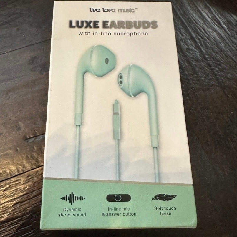 Live Love Music Luxe Earbuds Mint Green In-Line Mic Soft Touch Finish 3.5mm