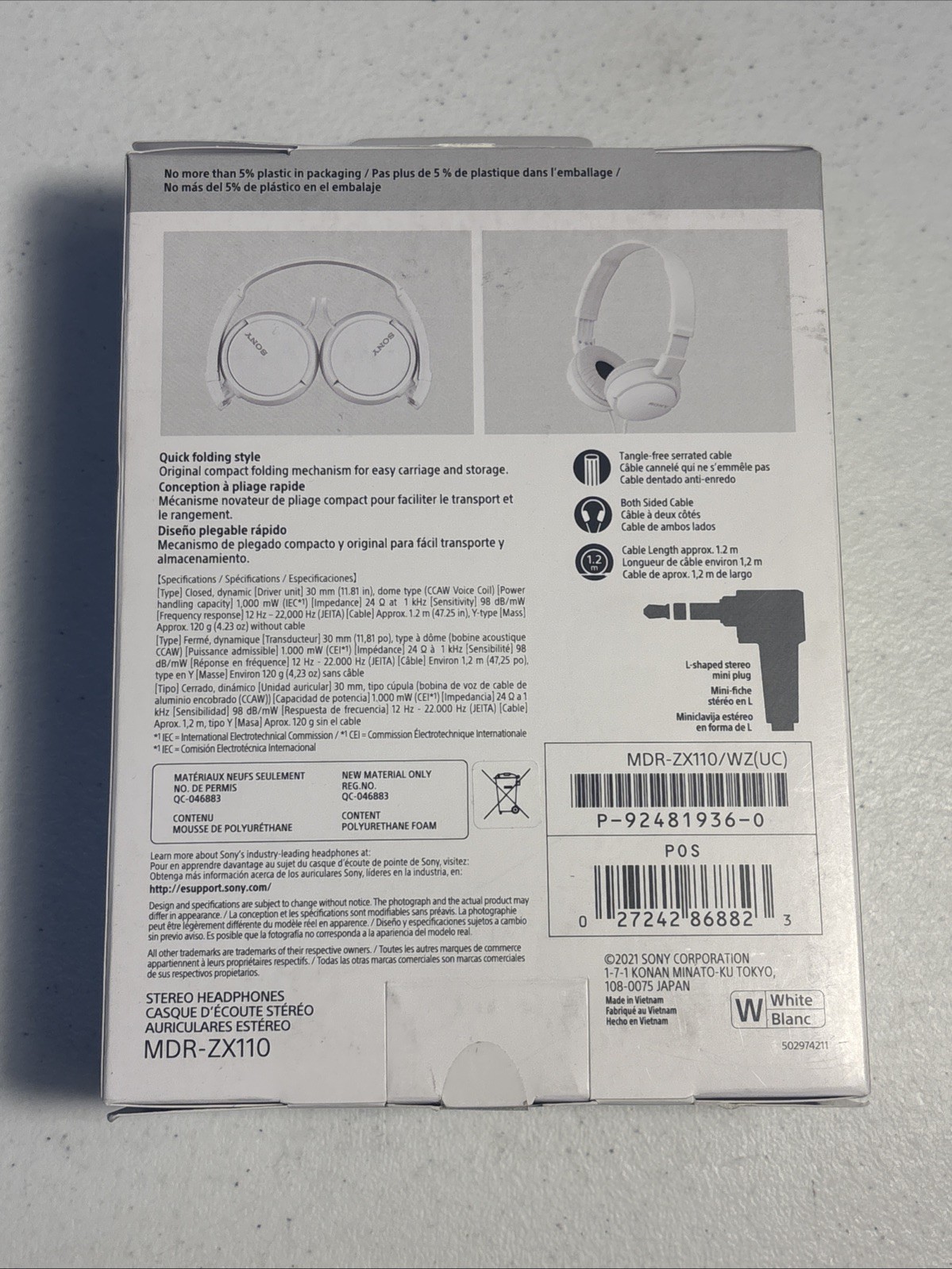 Sony MDR-ZX110 Ear-Pad (On the Ear) Headband Headphones – White