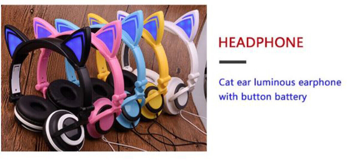 Kids 3.5mm Headphone Earphone On Ear Wired LED Cat Ears Stereo Headsets for Girl