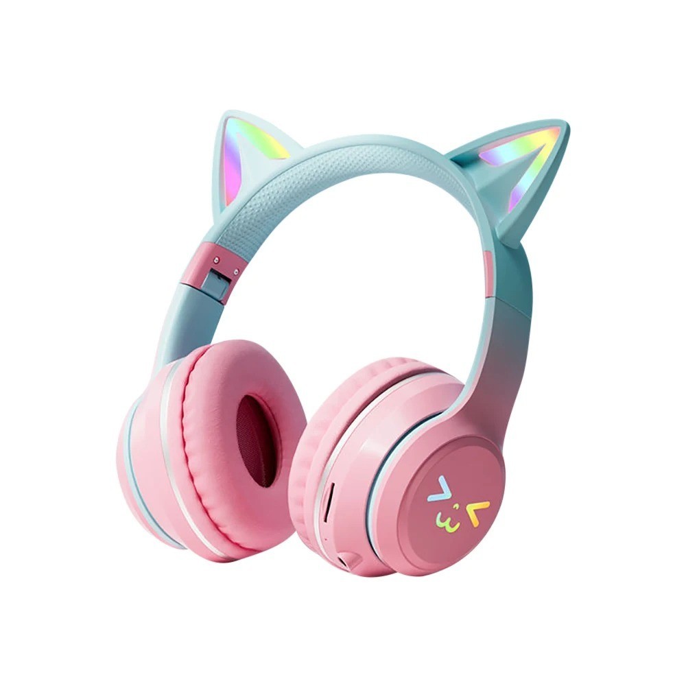 Kids Cat Ear Bluetooth Headphones Wireless LED Light Up Foldable Headset w/ Mic