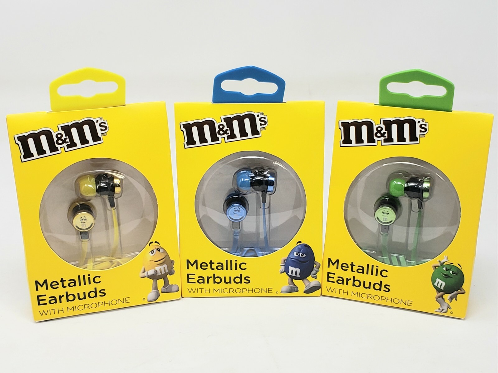 M&M’s Metallic Earbuds With Built-in Microphone Green, Blue & Yellow (3 Pack)