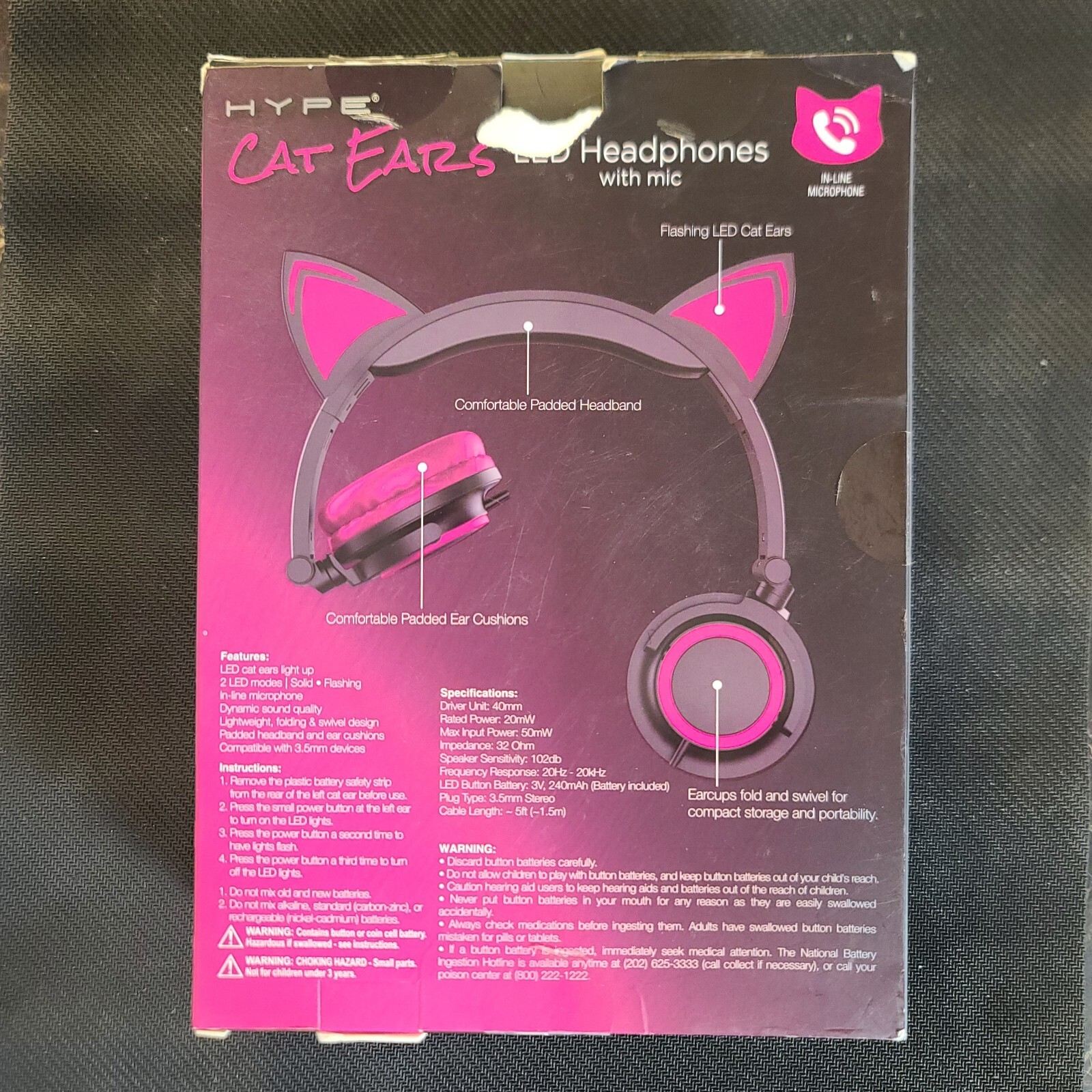 Hype Cat Ears LED Lights Pink Headphones With In-Line Mic