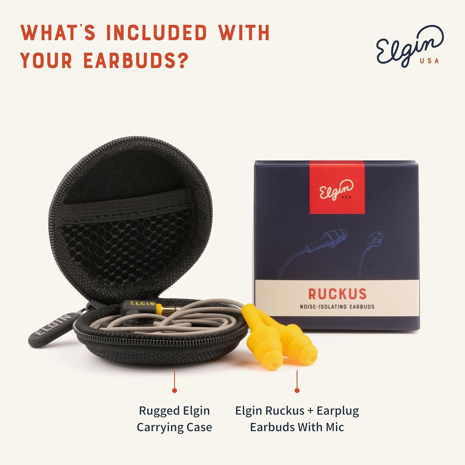 Elgin Ruckus+ Earbuds with Mic 25dB Noise Reduction Wired In-Ear Headphones