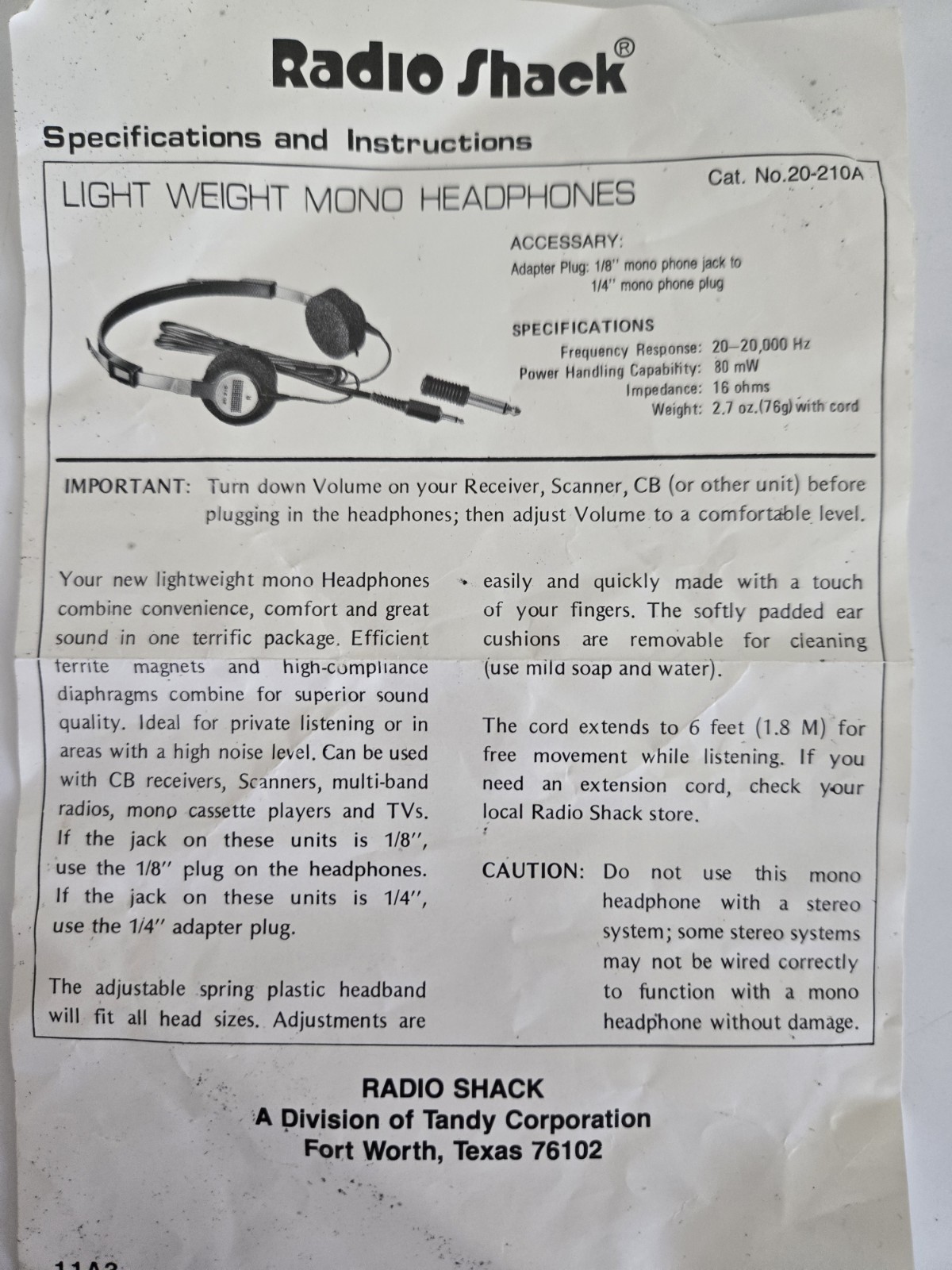 2 Radio Shack Lightweight Mono Headphones #20-210A & Extras FREE SHIPPING