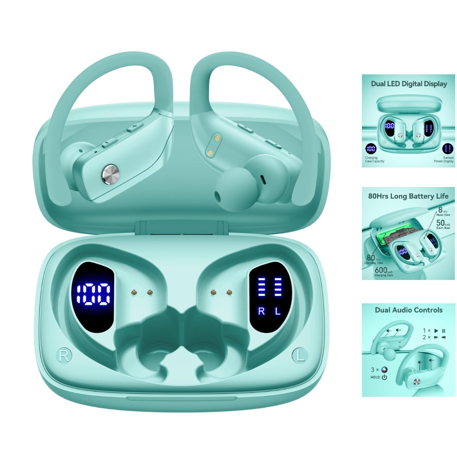 Mint Green Active Noise Cancelling Wireless Earbuds for Sports – 48hrs Playtime