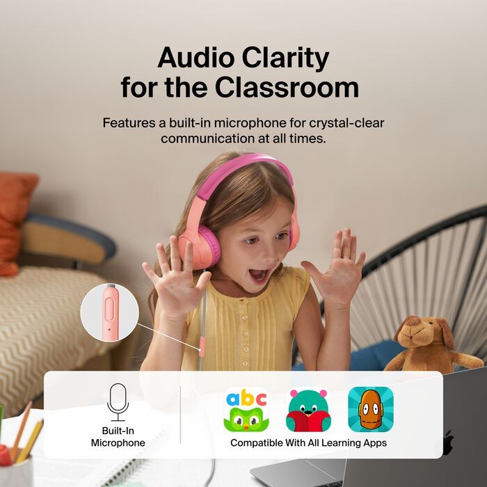 Belkin Kids Headphones Wired, Volume Limited, USB-C 3.5mm Parents Trusted – Pink