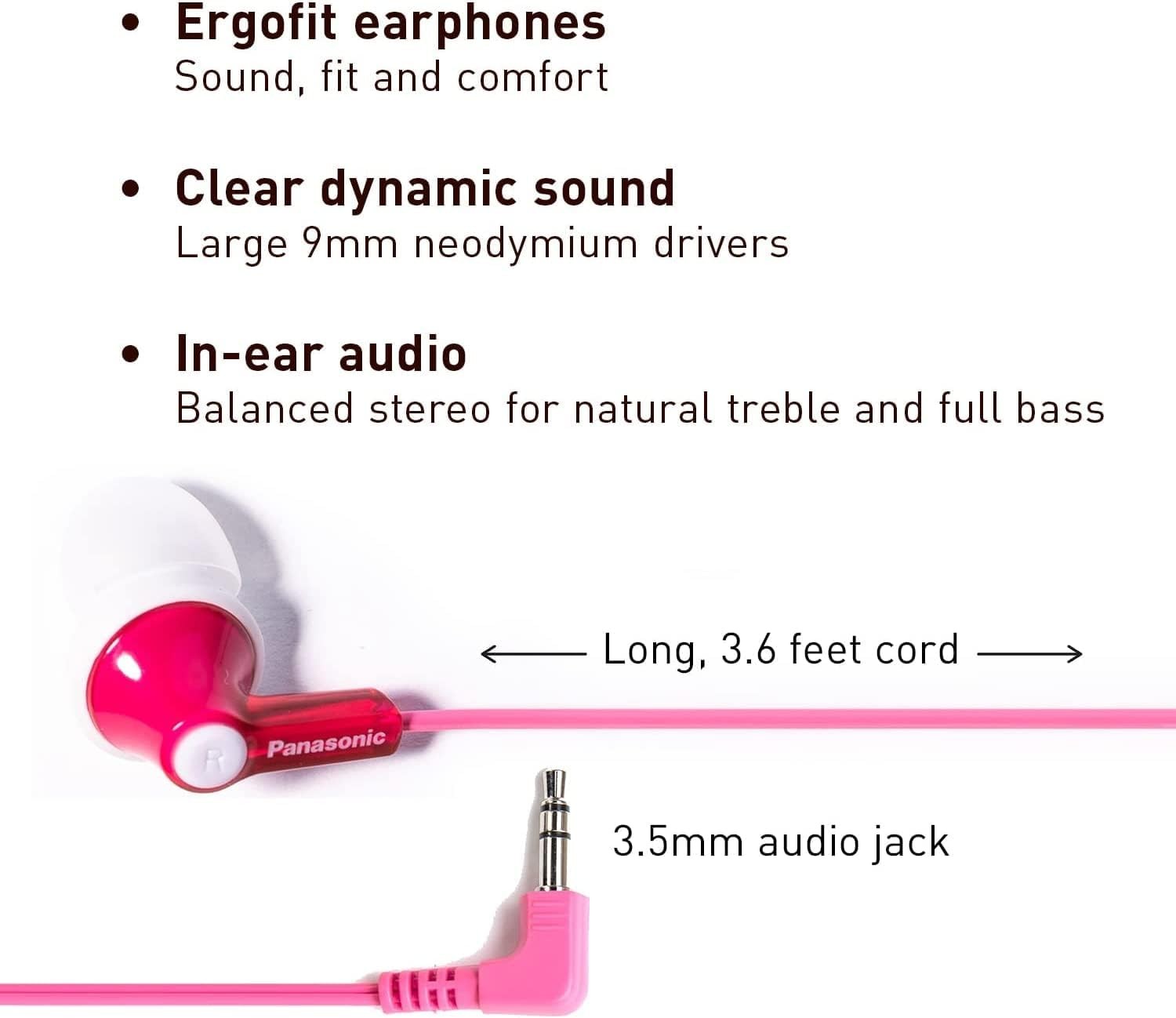 Panasonic ErgoFit Wired Earbuds, 3.5mm Jack In-Ear Headphones – (Pink)