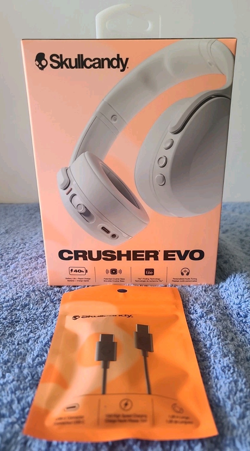 Skullcandy Crusher Evo Wireless Headphones Bluetooth Bone 40Hr Battery w/USB-C