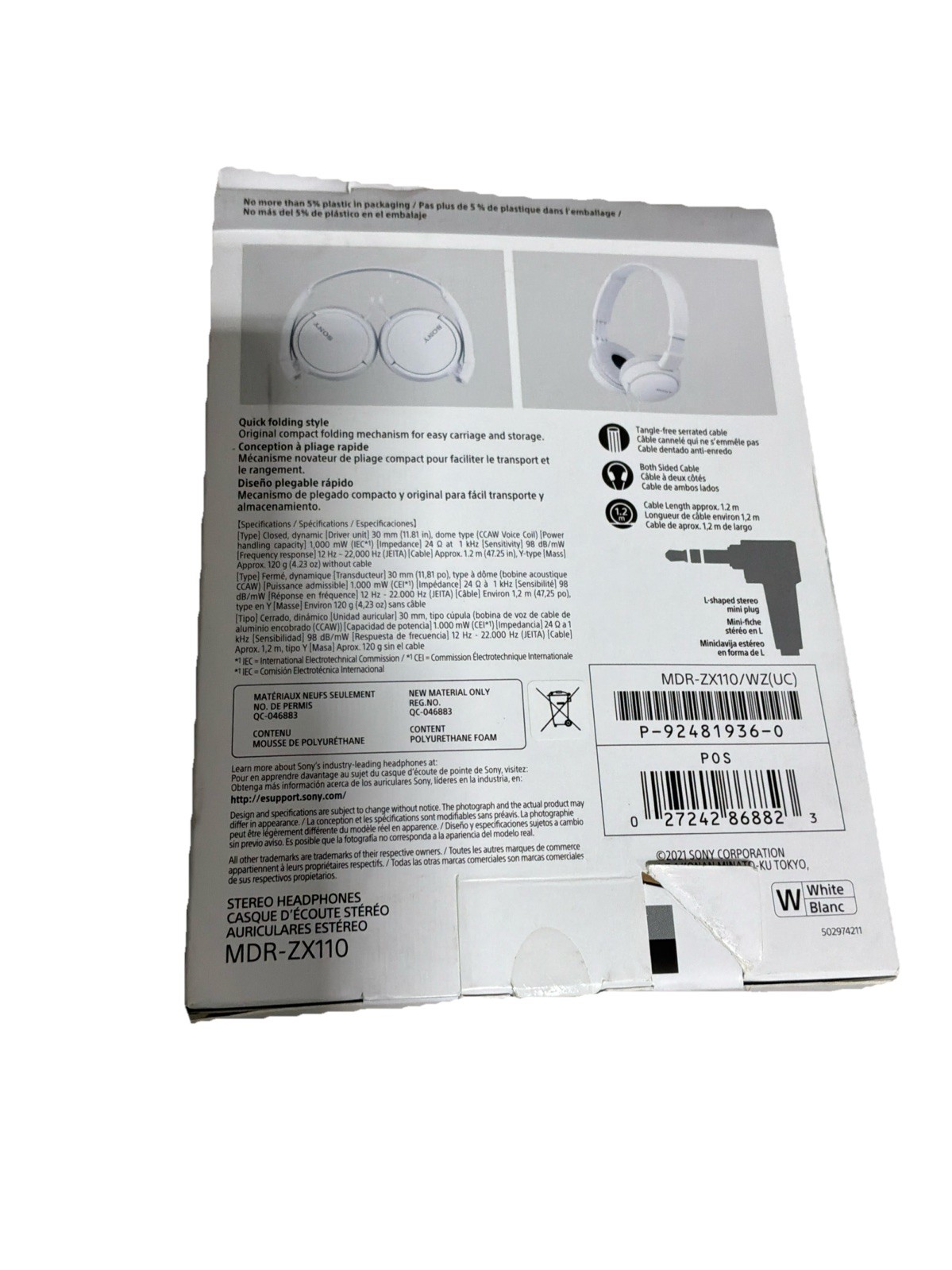 Sony MDR-ZX110 Ear-Pad (On the Ear) Headband Headphones – White