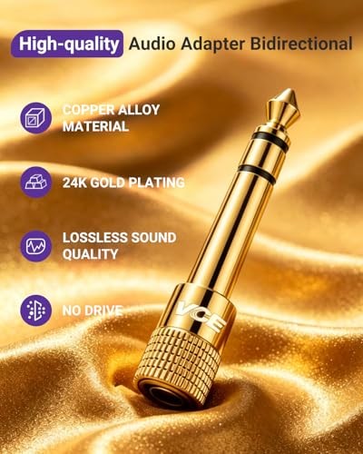 VCE 1/4 inch to 3.5mm Stereo Headphone Adapter 2-Pack Gold-Plated Audio Converte