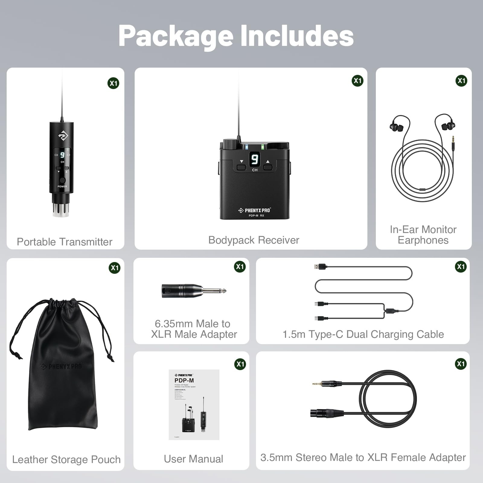 Phenyx Pro UHF Wireless in-Ear Monitor 1 Transmitter+1 Receiver, Black