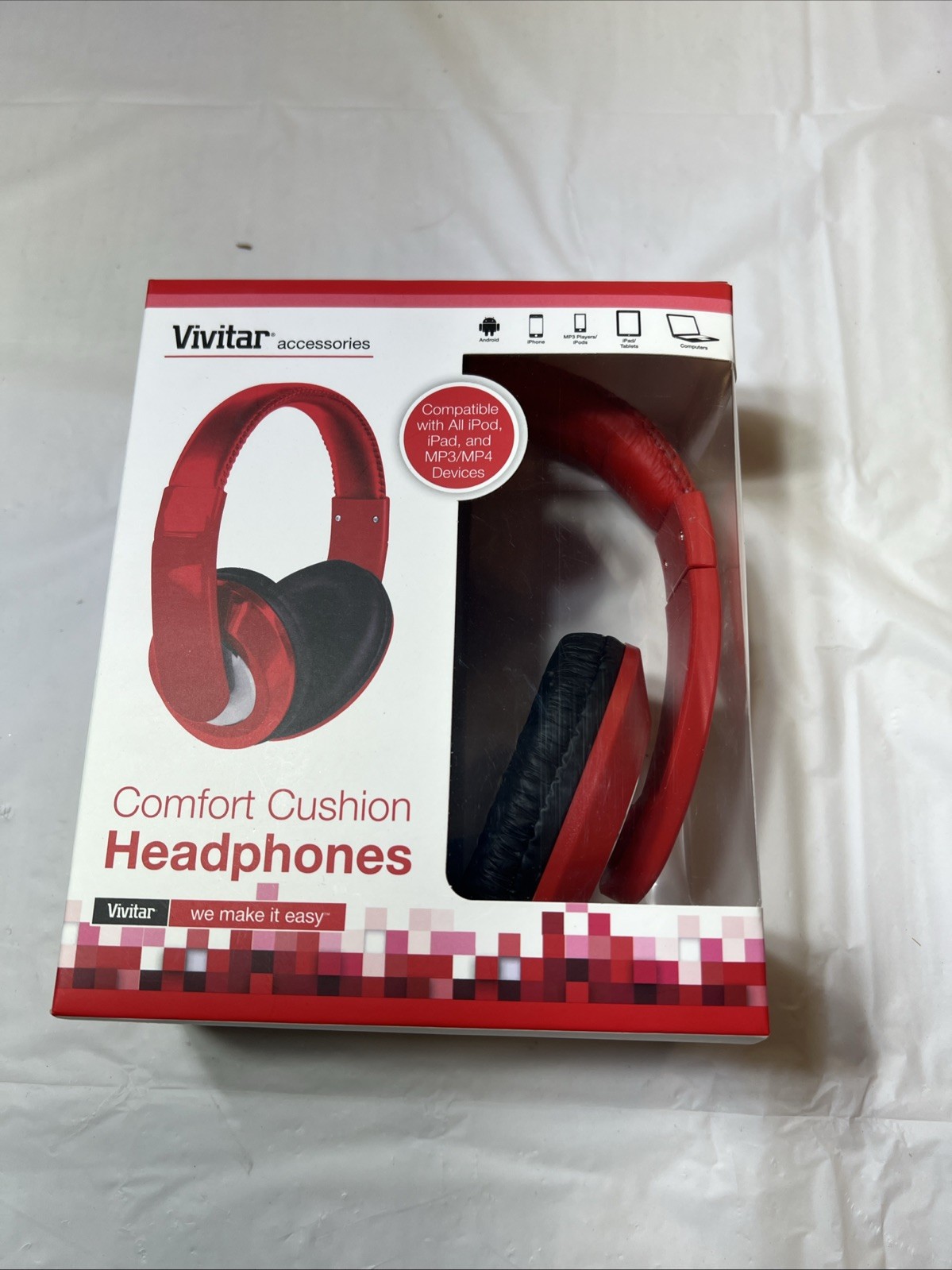 Vivitar Headphones Comfort Cushion Adjustable Headband Red High Def Sound NEW