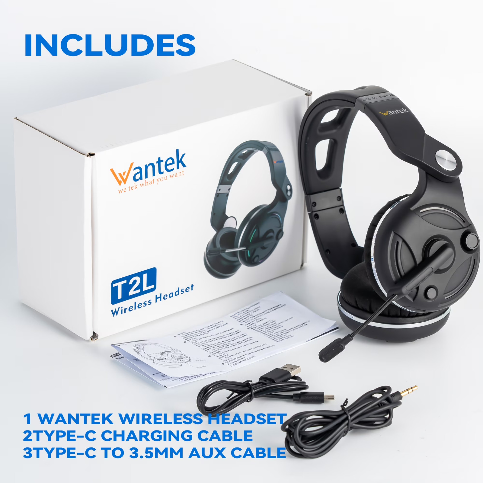 Wantek T2L Wireless Bluetooth Headset w/ Noise Cancelling Mic & 48Hr Battery-NEW
