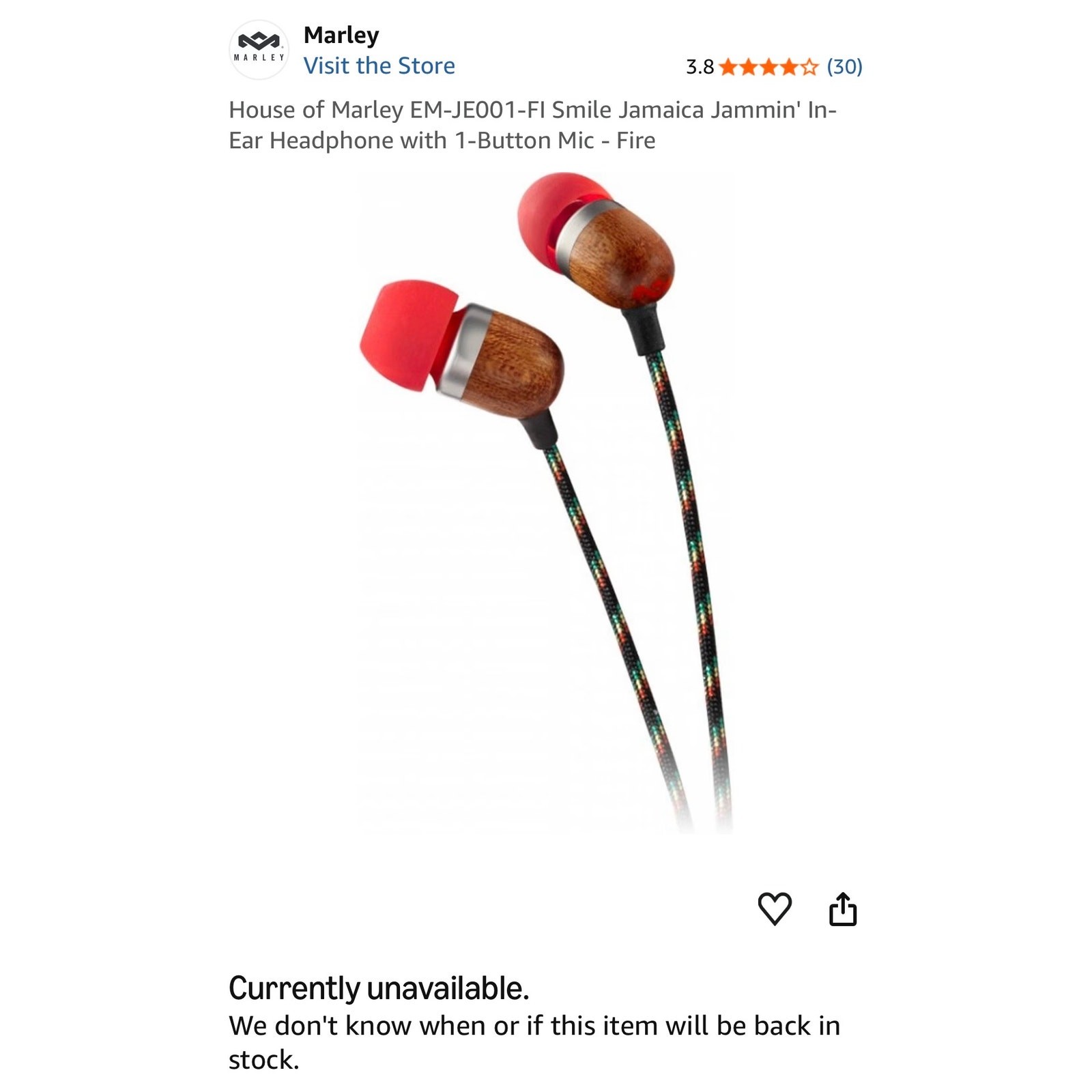 NWB Marley Jammin Collection In Ear Wired Headphones