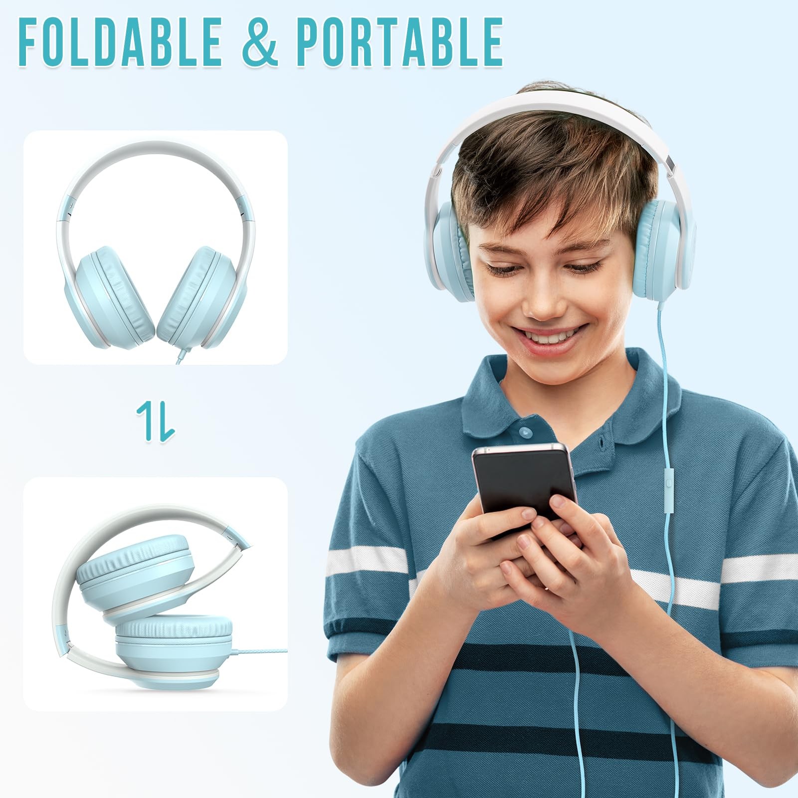 L22 Wired Headphones for Kids Girls Boys Women with Microphone Foldable Stere