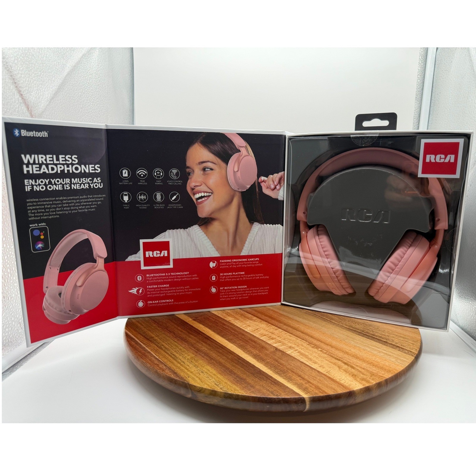 RCA Pink Wireless Headphones WAVE-58 & Sport Comfort Earbuds Bluetooth Bundle