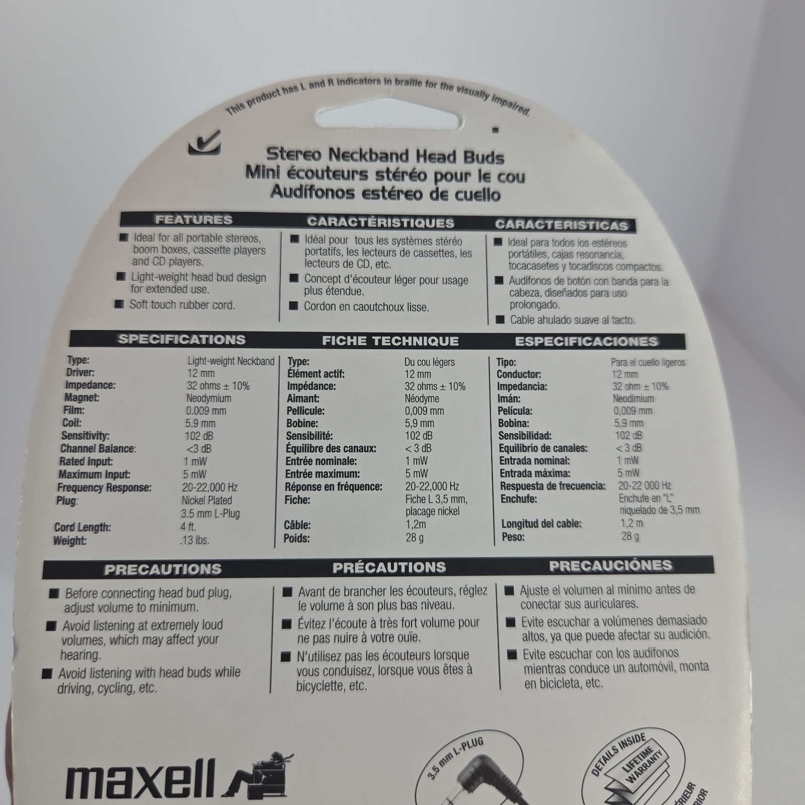Maxell NB/HB-210 Stereo Neckband Head Buds White New In Package in Ear