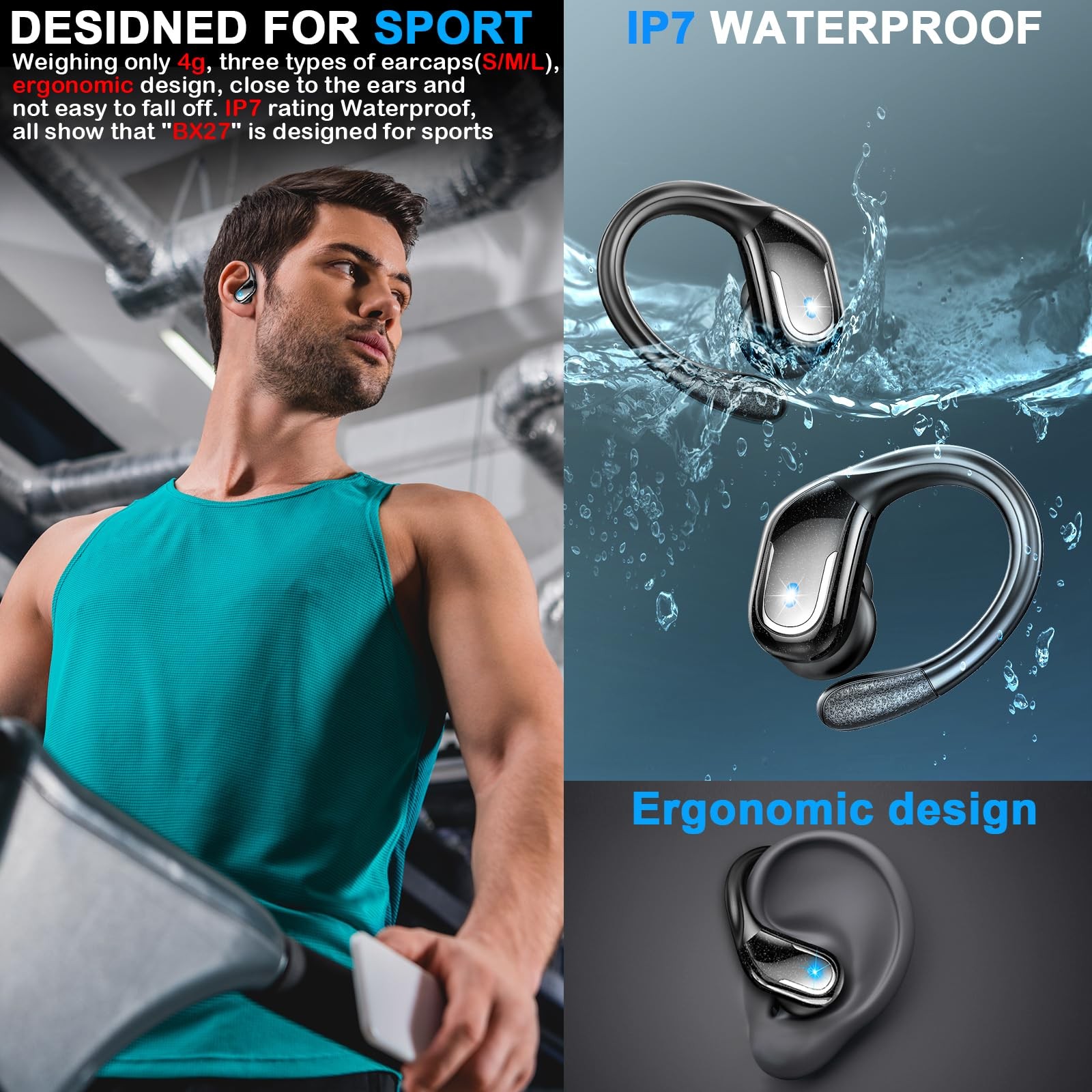 Wireless Earbuds Bluetooth 5.4 IP7 Waterproof Sport 75H ENC Earhooks from USA