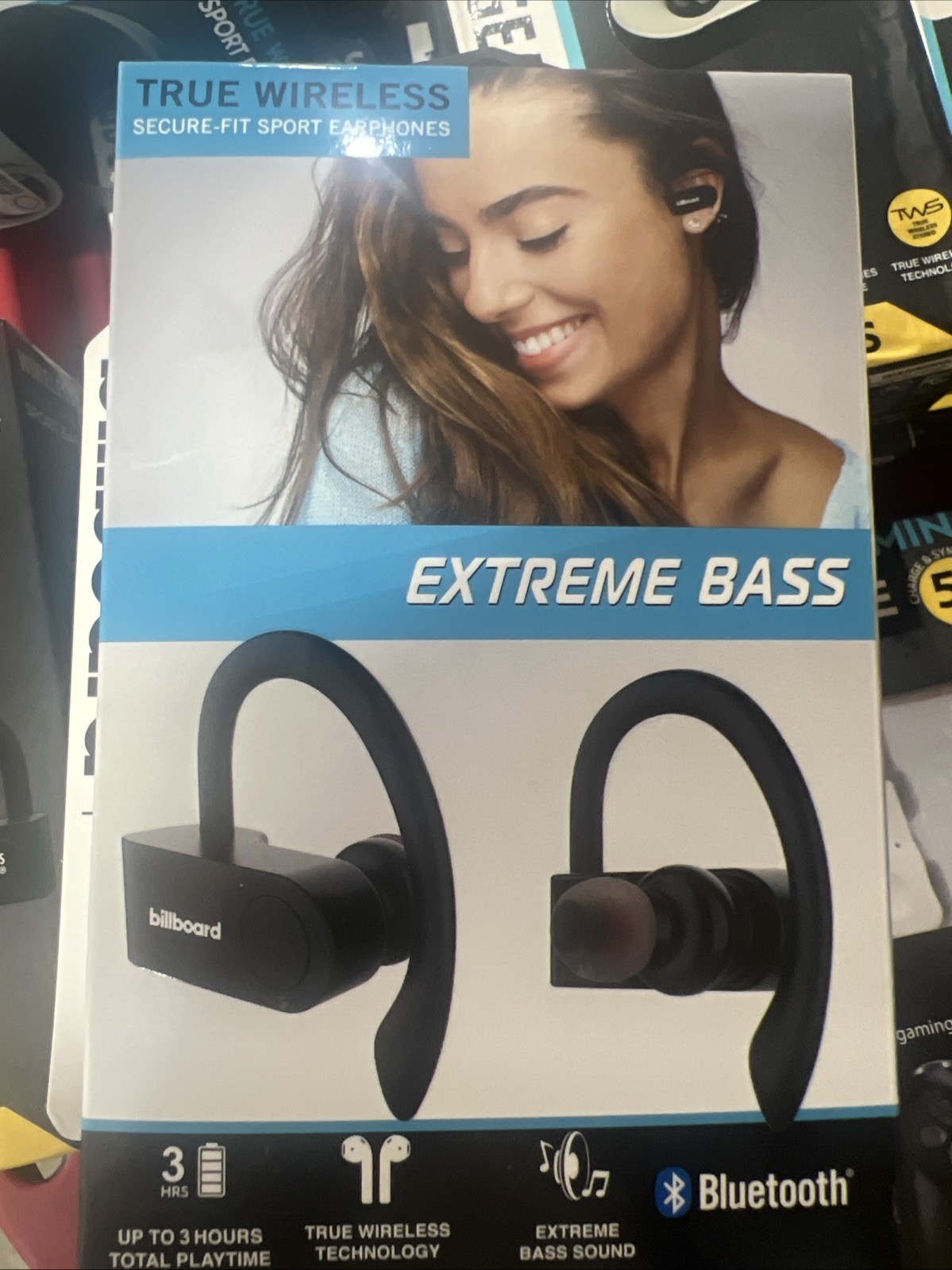 Billboard Bluetooth True Wireless Earbuds Secure-Fit Sport Earphones Extra Bass