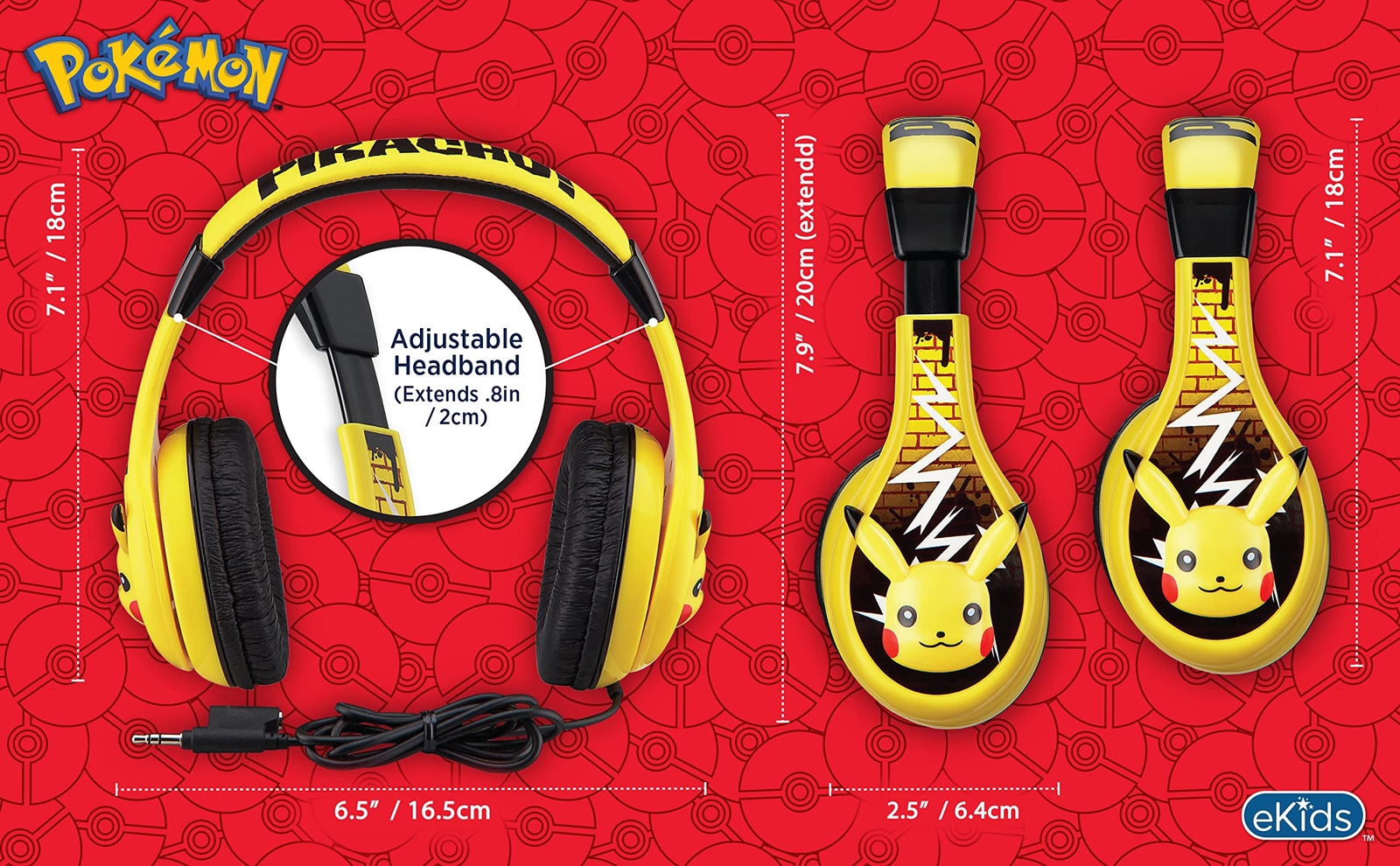 Pikachu Kids Headphones with Volume Control Adjustable Fit for School and Travel