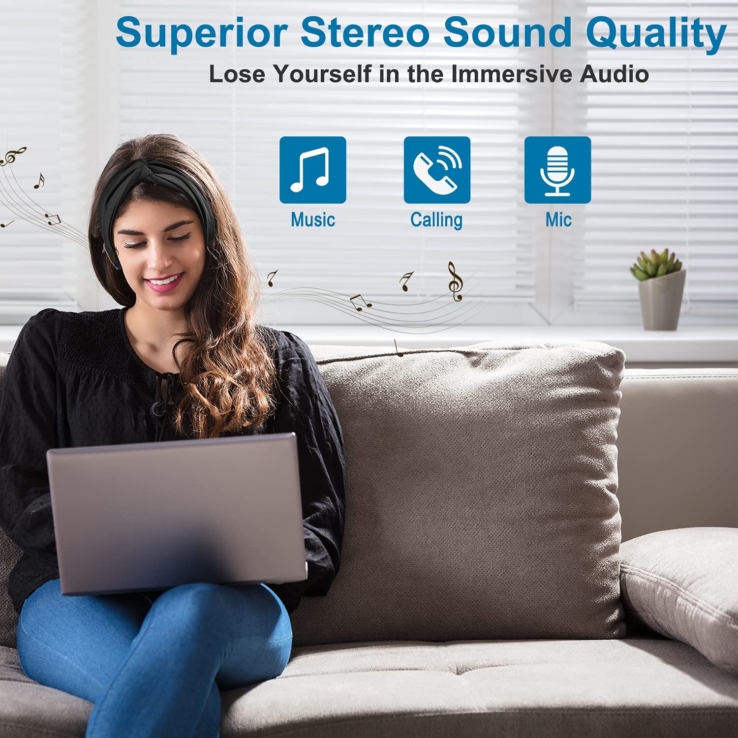 Bluetooth Headband Headphones for Women Wireless with HD Speakers Black