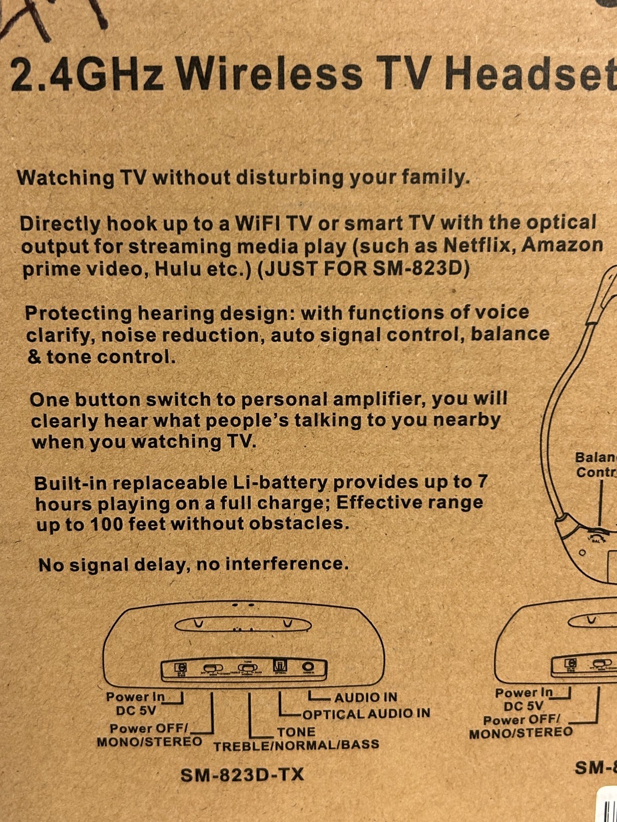SIMOLIO 2.4GHz Wireless TV Headset Digital/Analog for Hearing Impaired SM-823