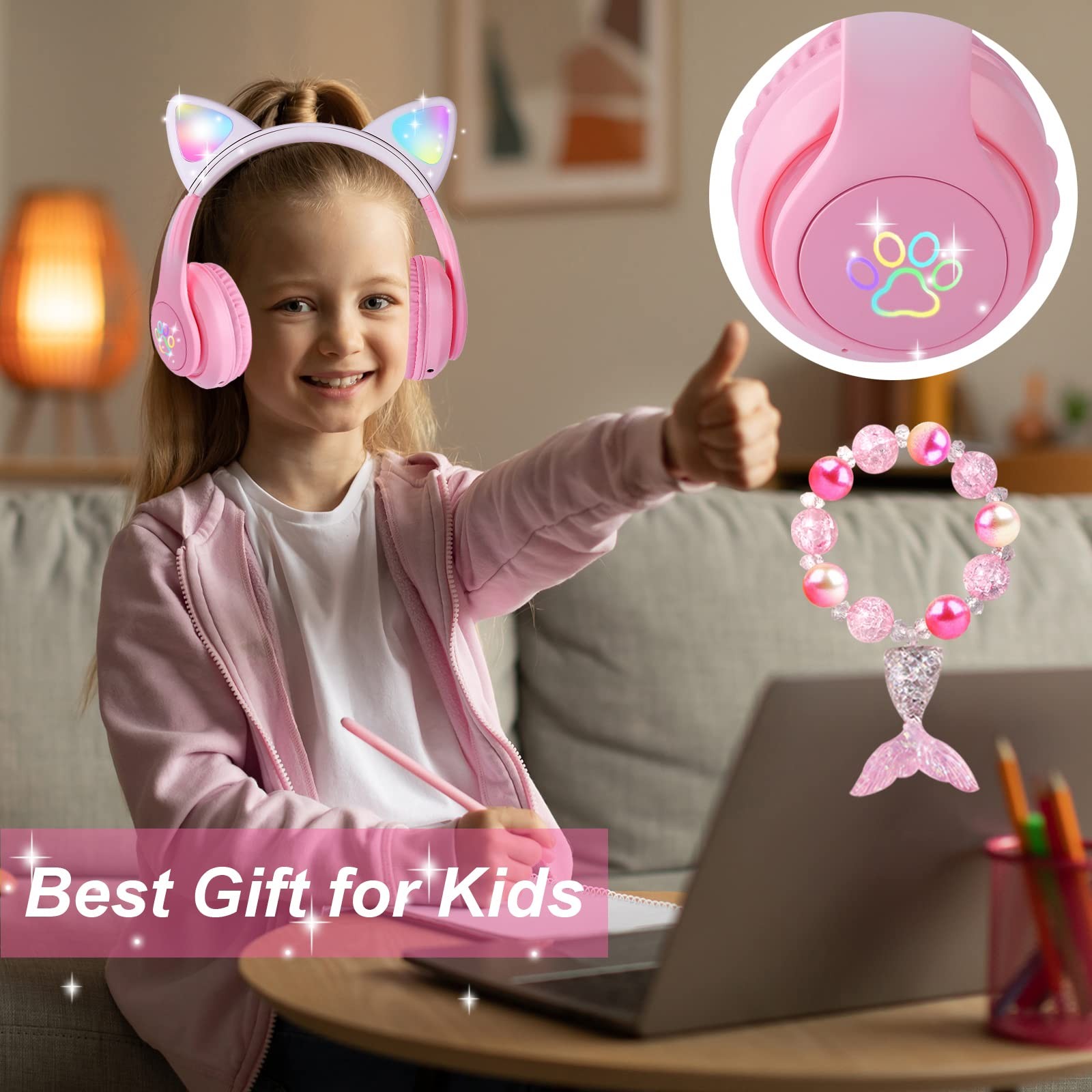 Cat Ear Kids Headphones Bluetooth, LED Light up Wireless/Wired Mode Over Ear …