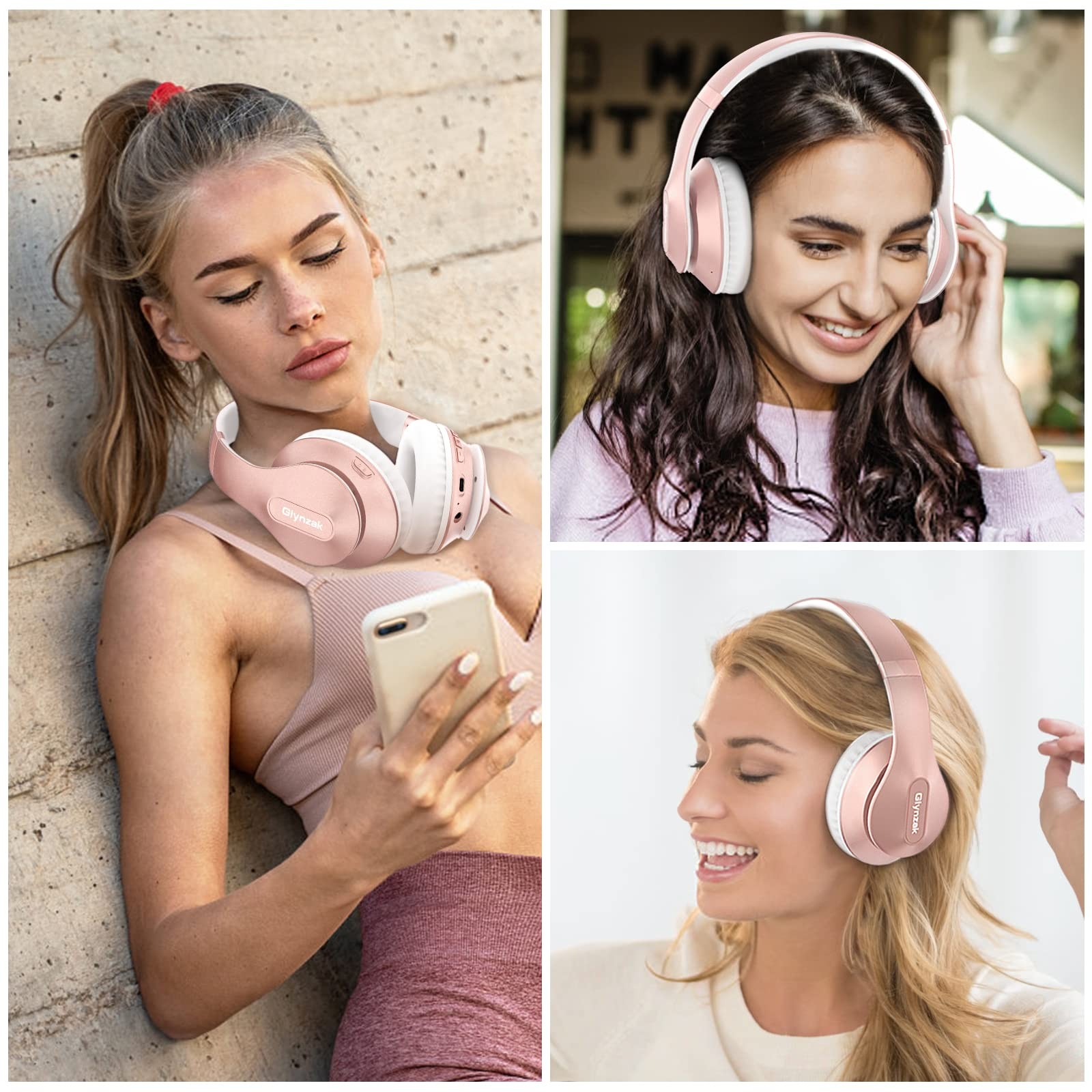 Wireless Bluetooth 6.0 Headphones Over Ear 65H Playtime 6 EQ Mic Rose Gold