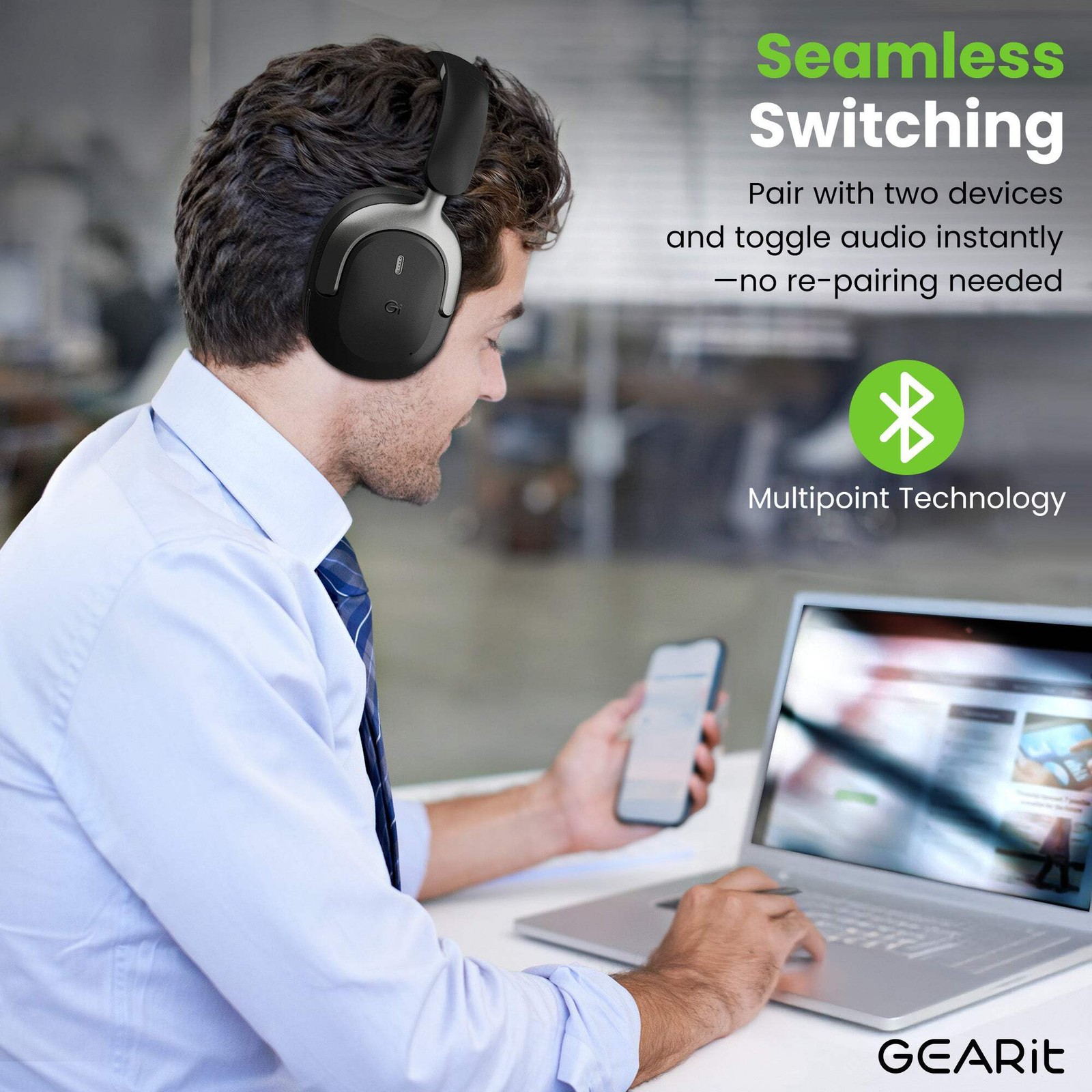 GEARit Over-Ear Bluetooth Headphones Hybrid ANC Multipoint Spatial Audio