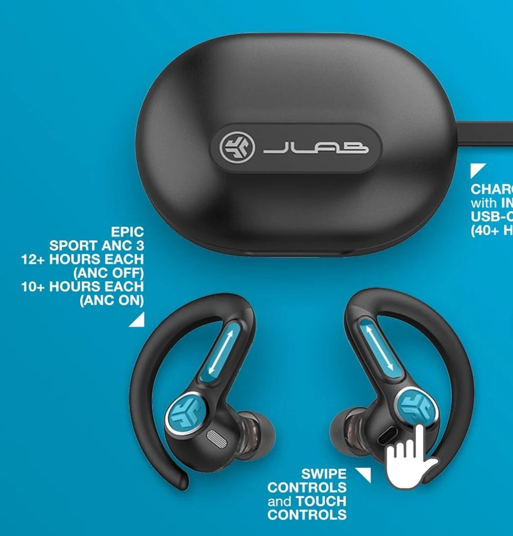 JLab Epic Air Sport ANC 3 True Wireless Bluetooth Earbuds Black Used Tested