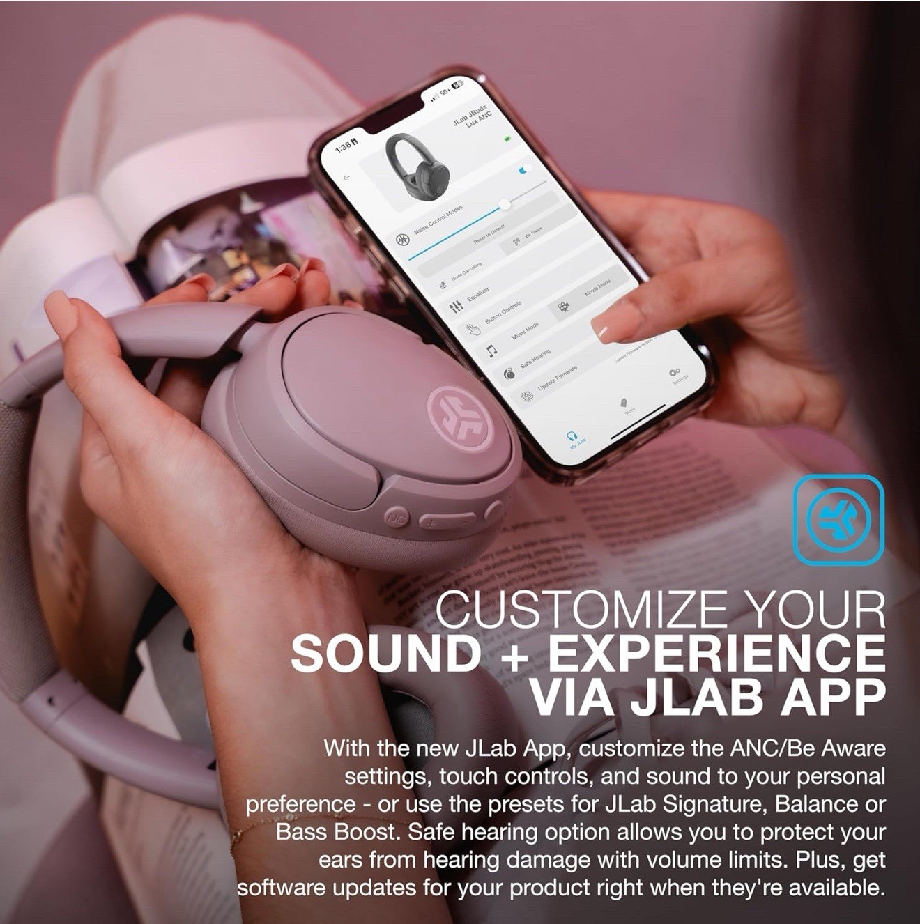 JLab JBuds Lux ANC Wireless Headphones Hybrid Active Noise Cancelling Mauve