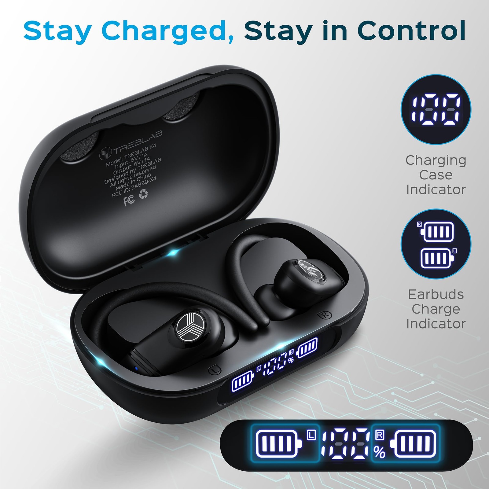 TREBLAB X4 Wireless Earbuds with Earhooks – 253H Battery, ENC Mic, Bluetooth 5.4