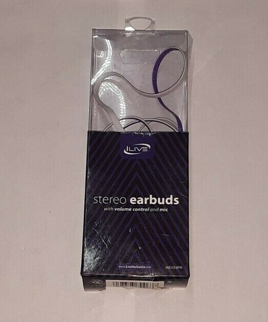 ILIVE STEREO EARBUD HEADPHONES W/ IN-LINE VOLUME CONTROL AND MIC PURPLE uns nip