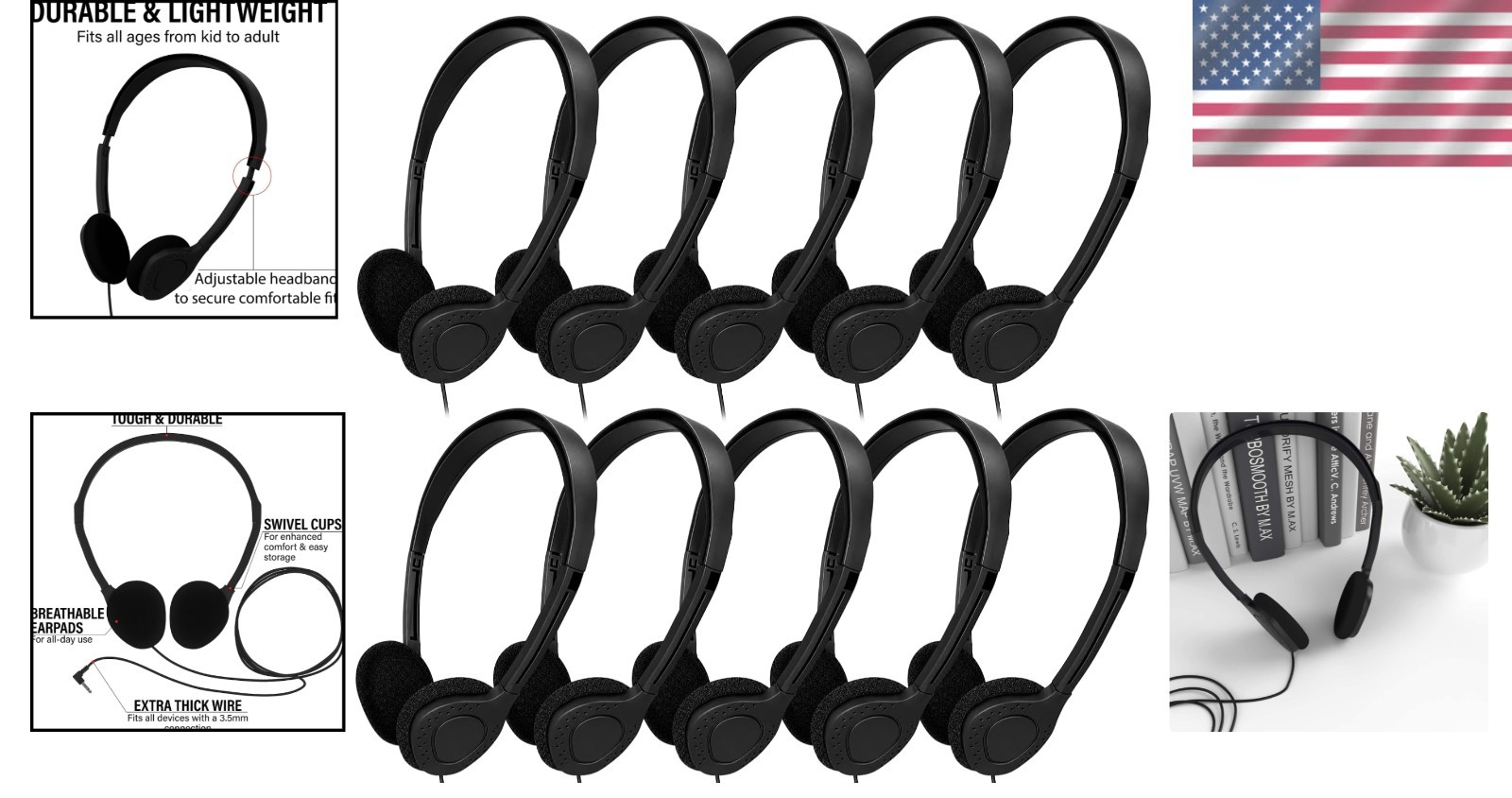 Lightweight Black Classroom Headphones – 10 Pack, Ideal for Libraries & Offices