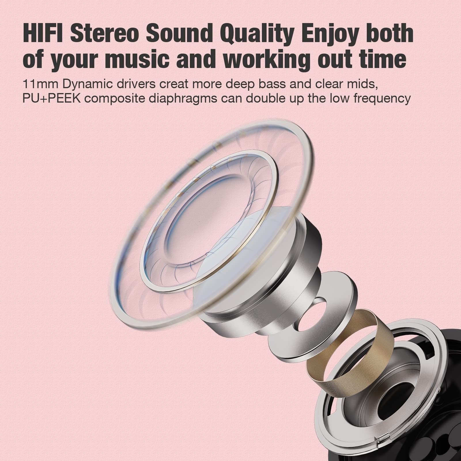 Boean Bluetooth Headphones, Wireless Earbuds with 16 Hours m, Pink