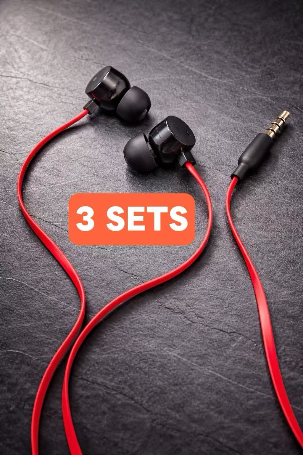 (6OB) 3 SETS Red Cable Black Earbuds Wired Earphones 3.5mm Good Sound