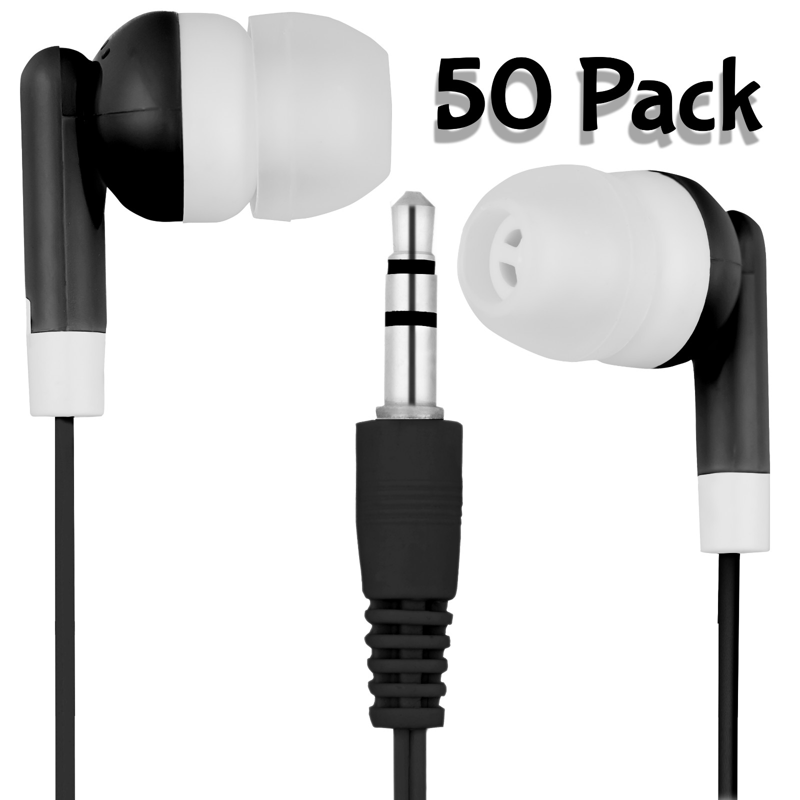 Bulk Lot of 50 Black/White 3.5mm In-Ear Earbuds / Earphones / Headphones