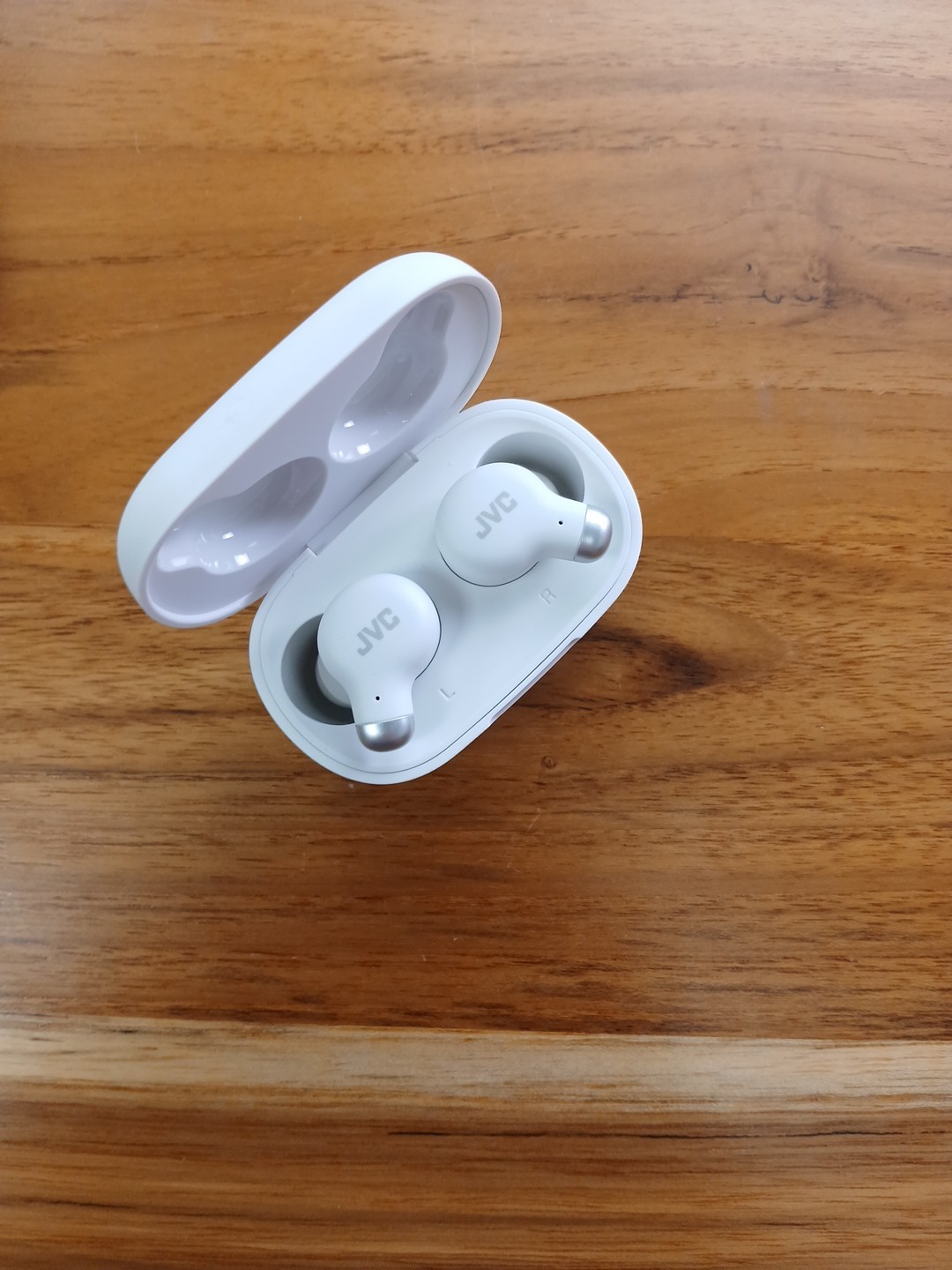 JVC Marshmallow True Wireless Noise Cancelling Earbuds in white.