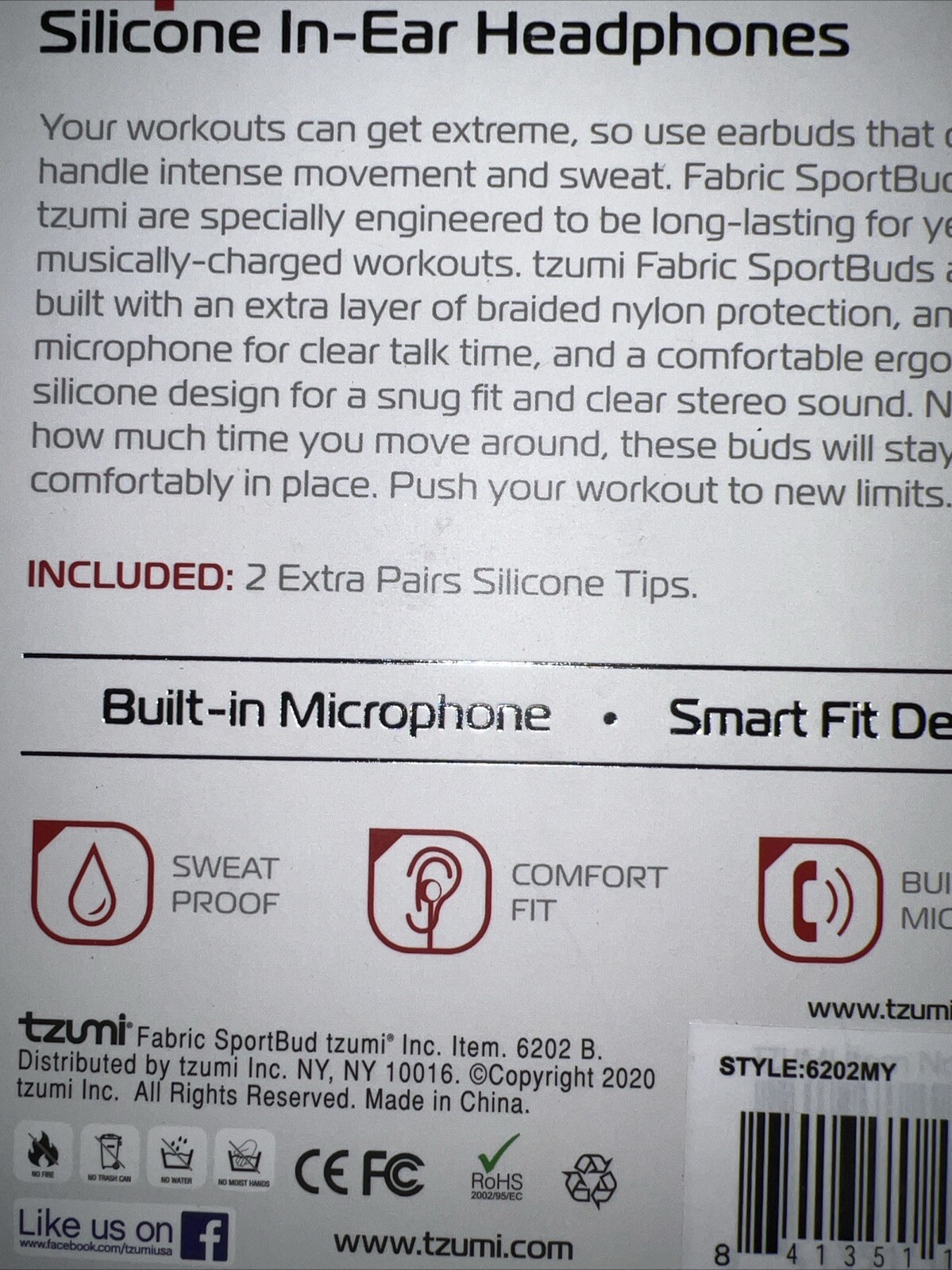 NIB Tzumi Fabric SportBuds Silicone In-Ear Headphones, Built-In Microphone