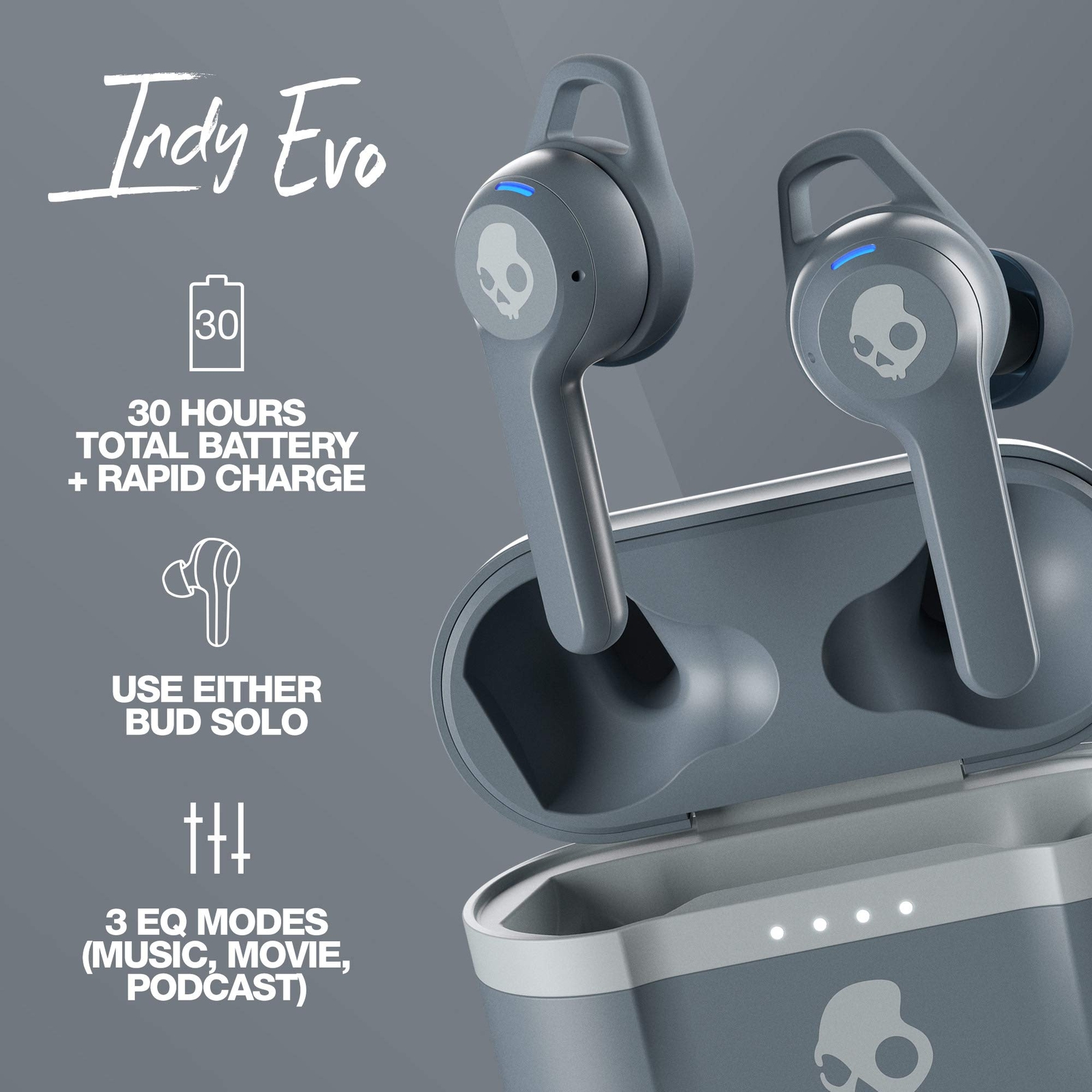 Skullcandy Indy Evo In-Ear Wireless Headphones Earbuds – Chill Grey (S2IVW-N744)