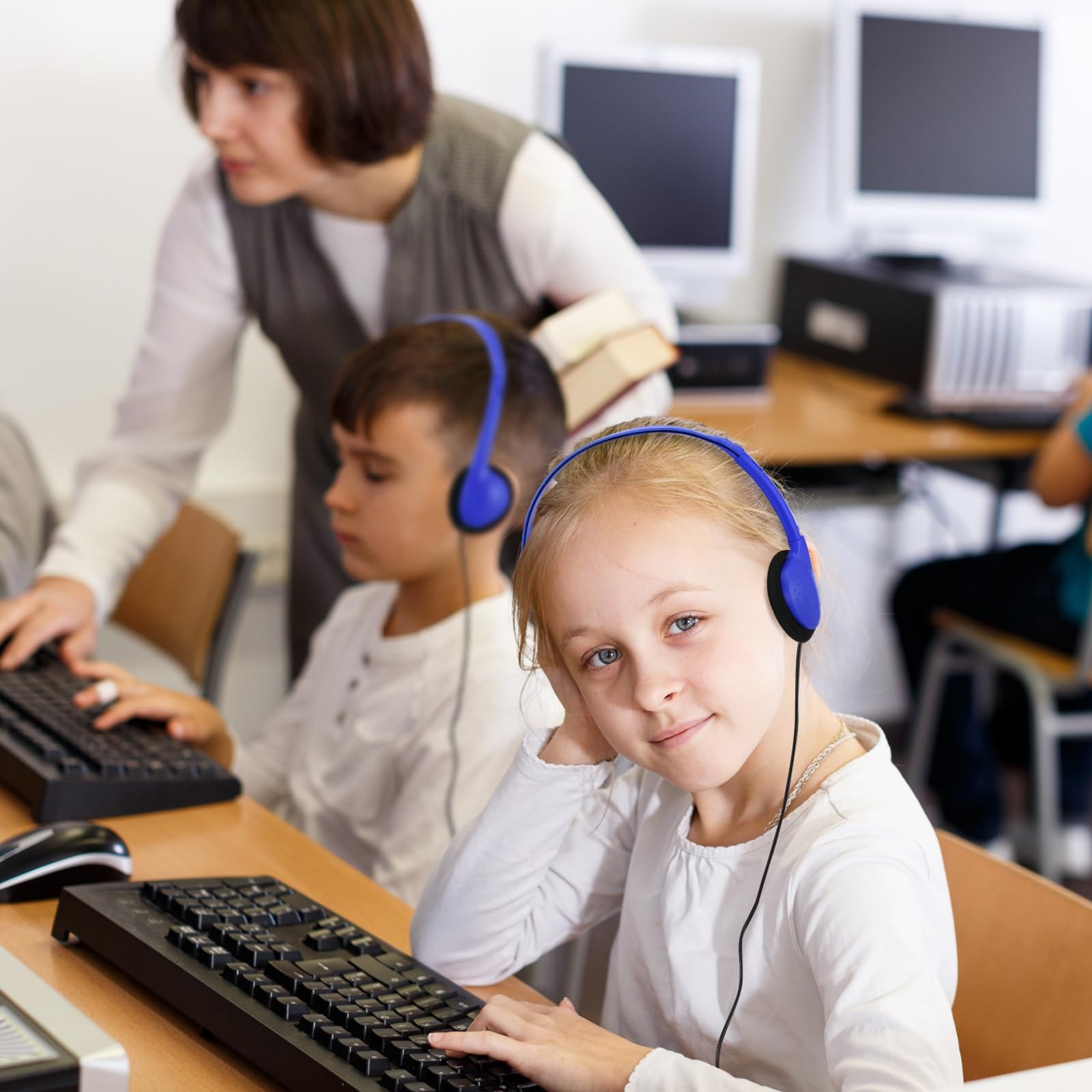 10 Pack Classroom Kids Wired Headphones Bulk Set 3.5mm Jack Dark Blue Adults