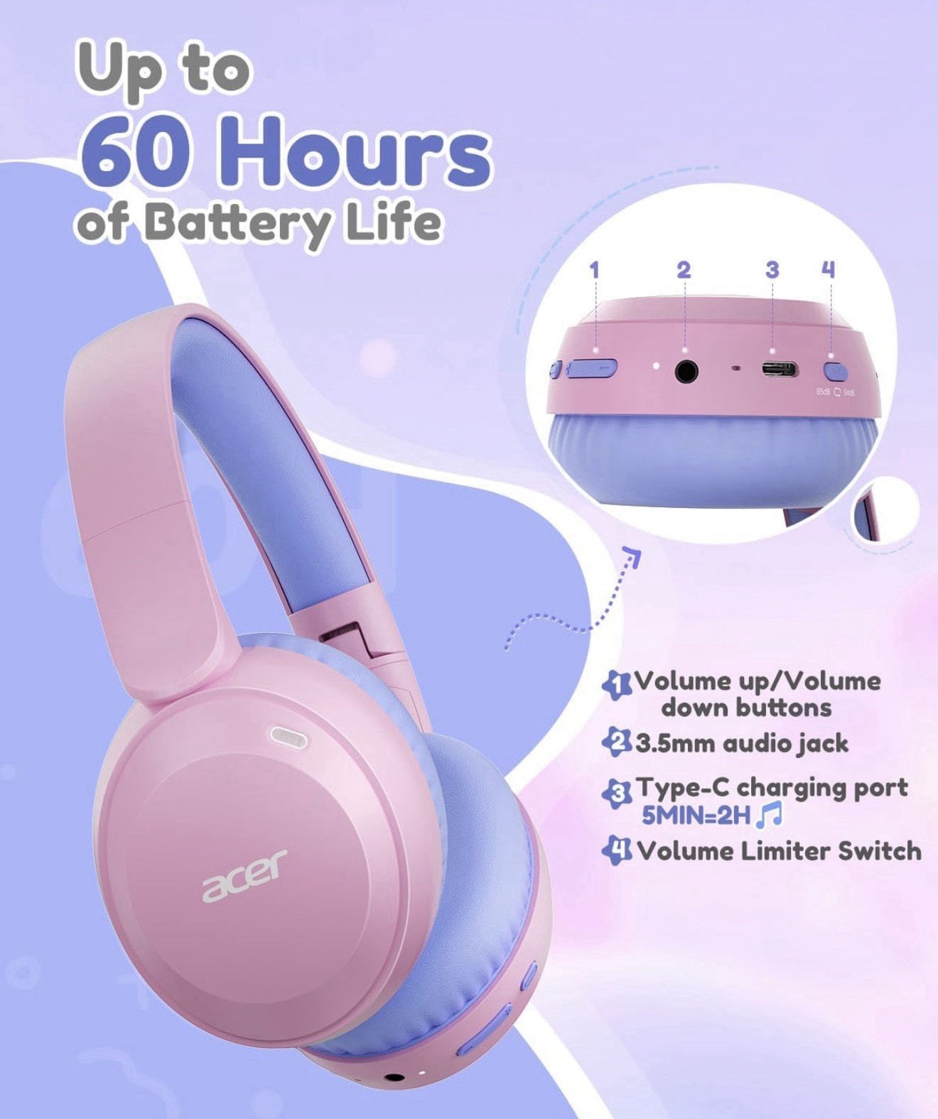 acer Kids Bluetooth Headphones, 85/94dB Volume Limiter, Foldable Pink