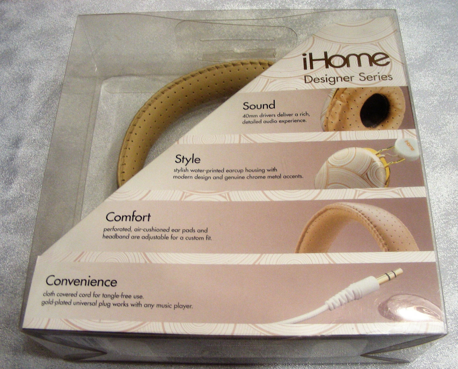 iHome Designer Series Head Phones – White Gold Tan – Mod swirl – No Latency