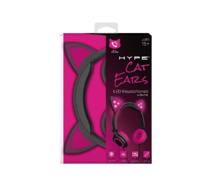 Hype Wired Pink LED Cat Ear Headphones with Mic, 3.5mm Jack Plug Fold & Swivel.