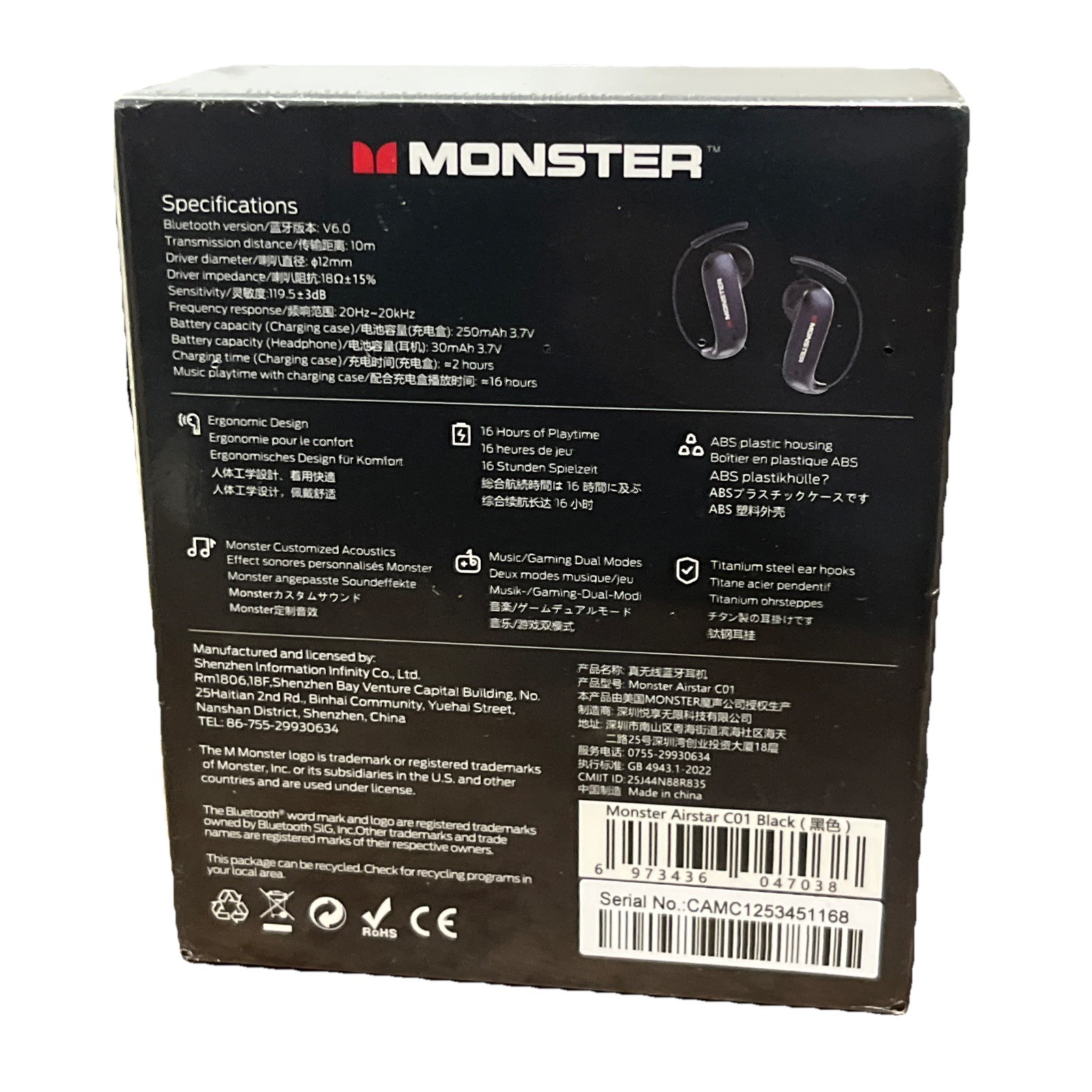 Monster Airstar C01 Air Conduction Wireless Bluetooth Headphones Black Brand New