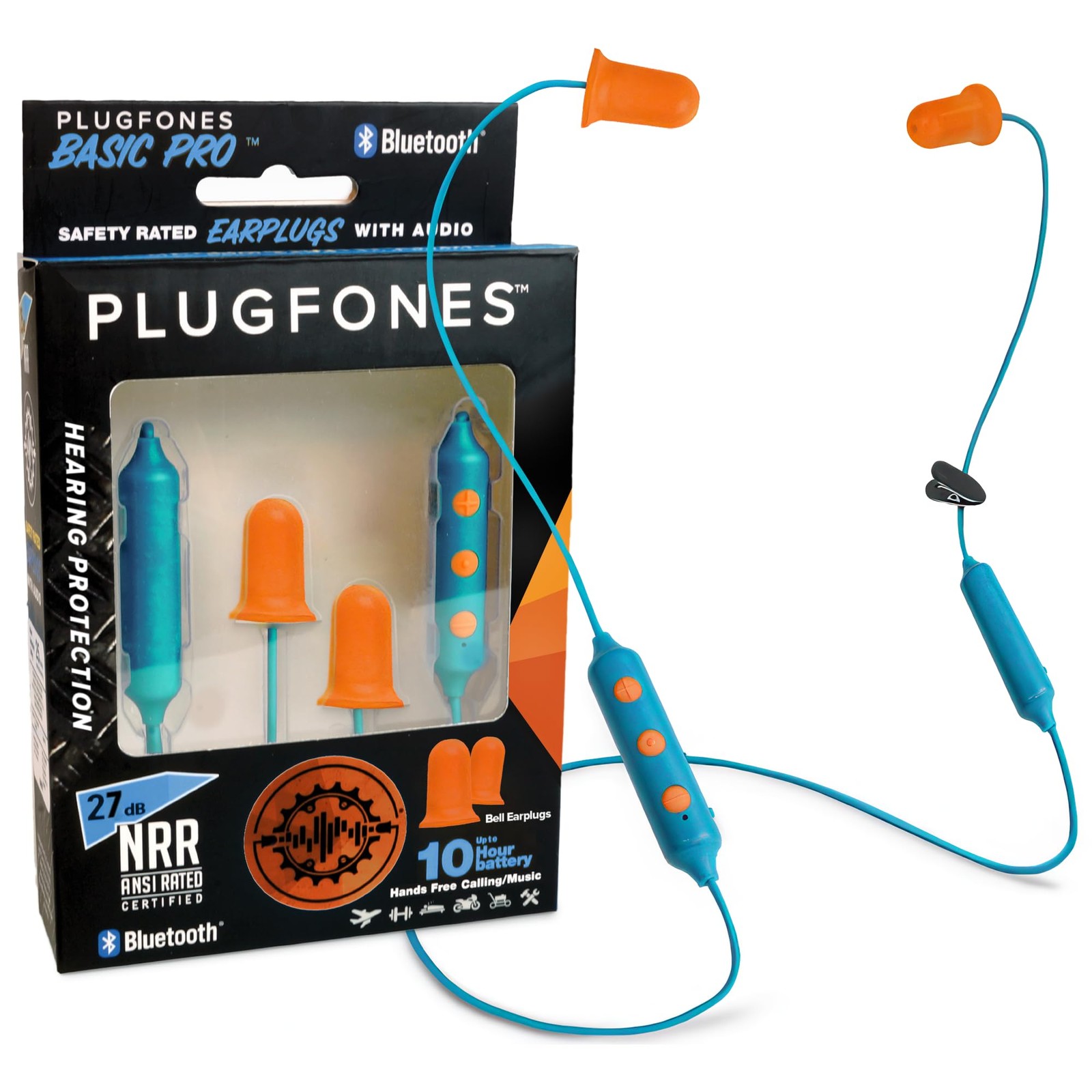 Plugfones Basic Pro Bluetooth Foam Earplug Headphones – 27 dB Blue, Orange