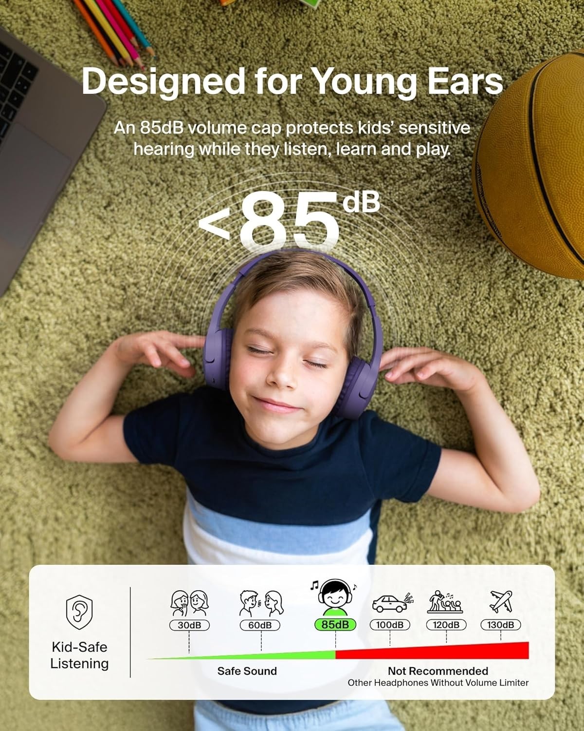 Belkin SoundForm Mini Kids On-Ear Wireless Headphones Purple Built-in Microphone