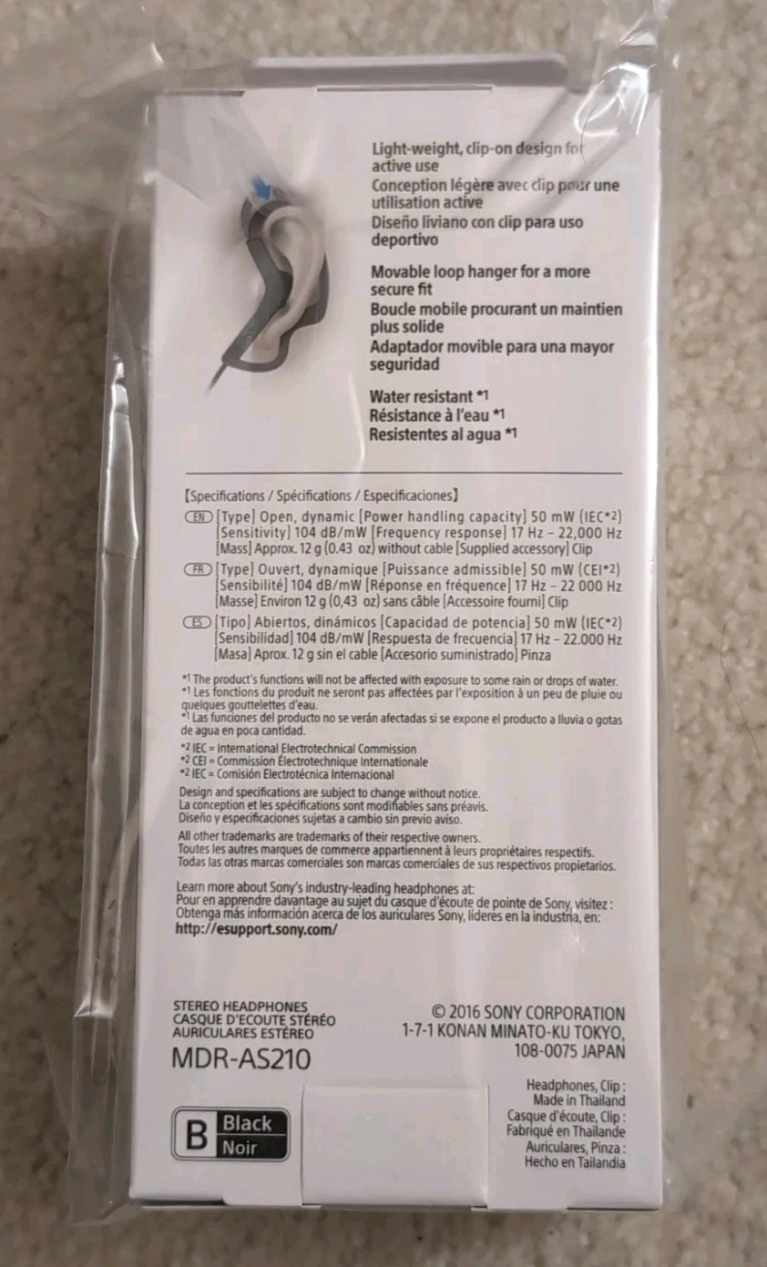 NEW Sony MDR-AS210 Stereo Headphones for Sports